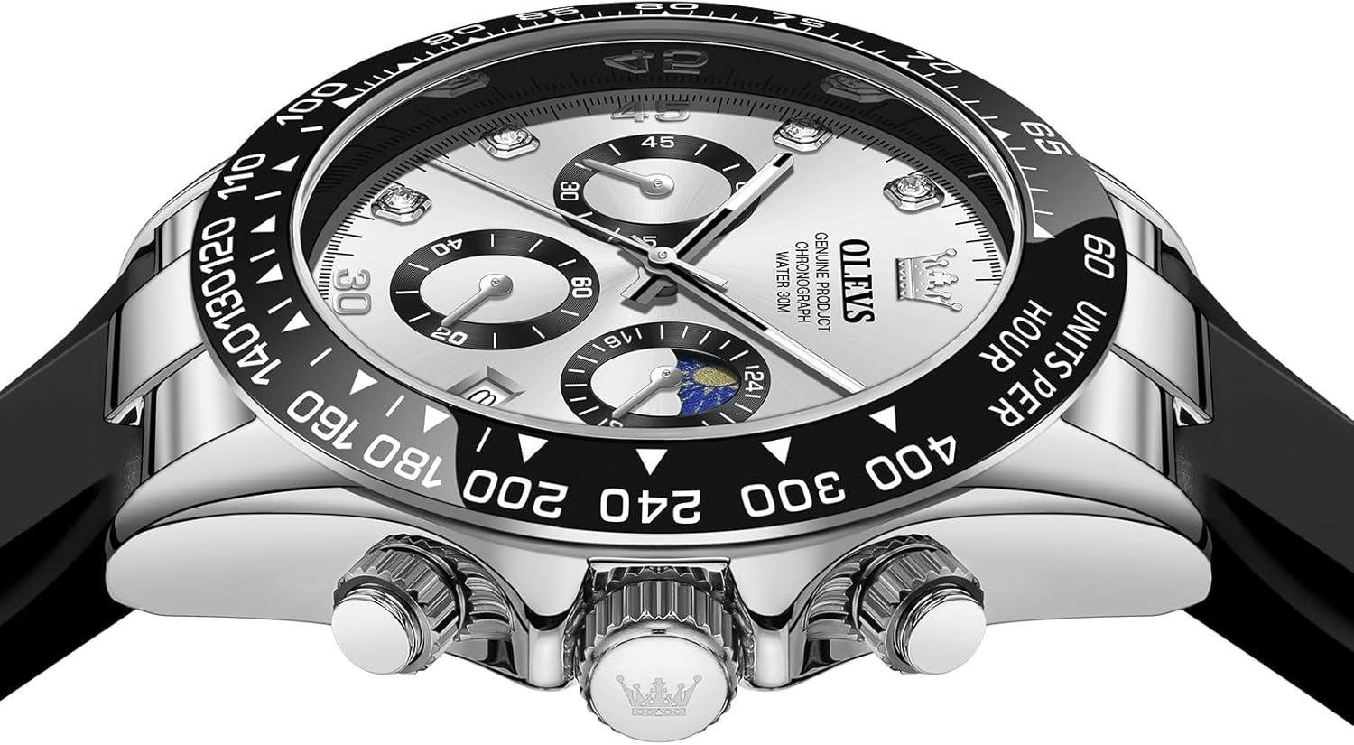 OLEVS Men Analog Quartz Waterproof Watches Multifunction Chronograph Diamond Moon Phase Luminous Silicone Band Wrist Watches - Image 3