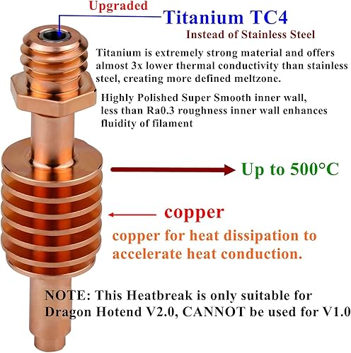 Miniatura 2 de Actualización Dragon Hotend V2 Heatbreak Core Titanium Copper Tubo de alimentación de flujo estándar Piezas de reparación de alta temperatura