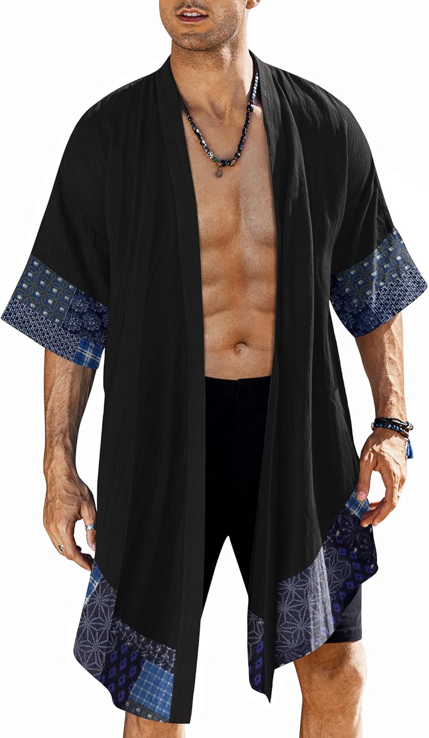 COOFANDY Men's Ruffle Shawl Collar Lightweight Cardigan Long Kimono Jackets Open Front Drape Cape Coat