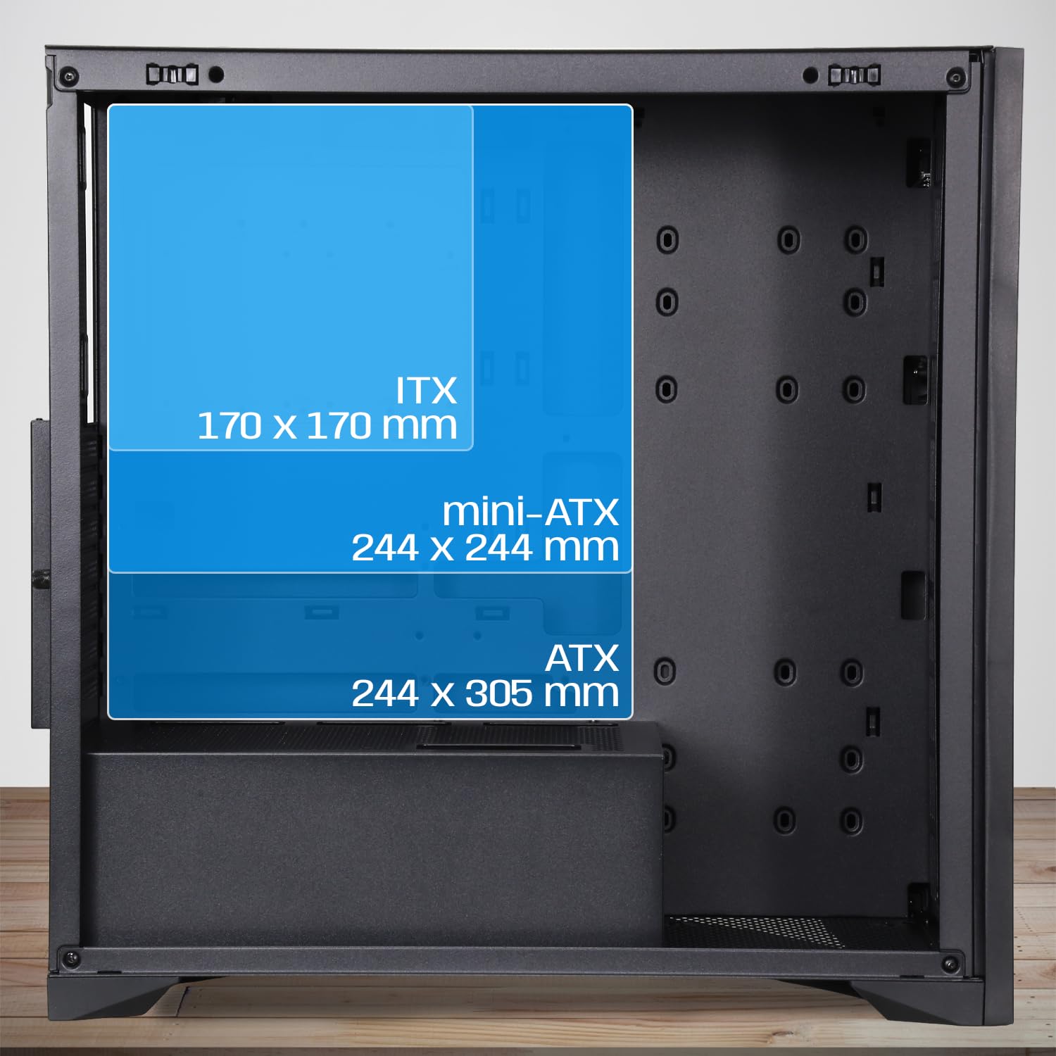NEWWAY - NW1 Boitier PC Façade en Bois - Moyen Tour Compatible ATX/Micro-ATX/ITX - Type C USB - Ventilateurs Inclus 3x140MM PWM - Panneau latéral Verre tempéré (Noir)