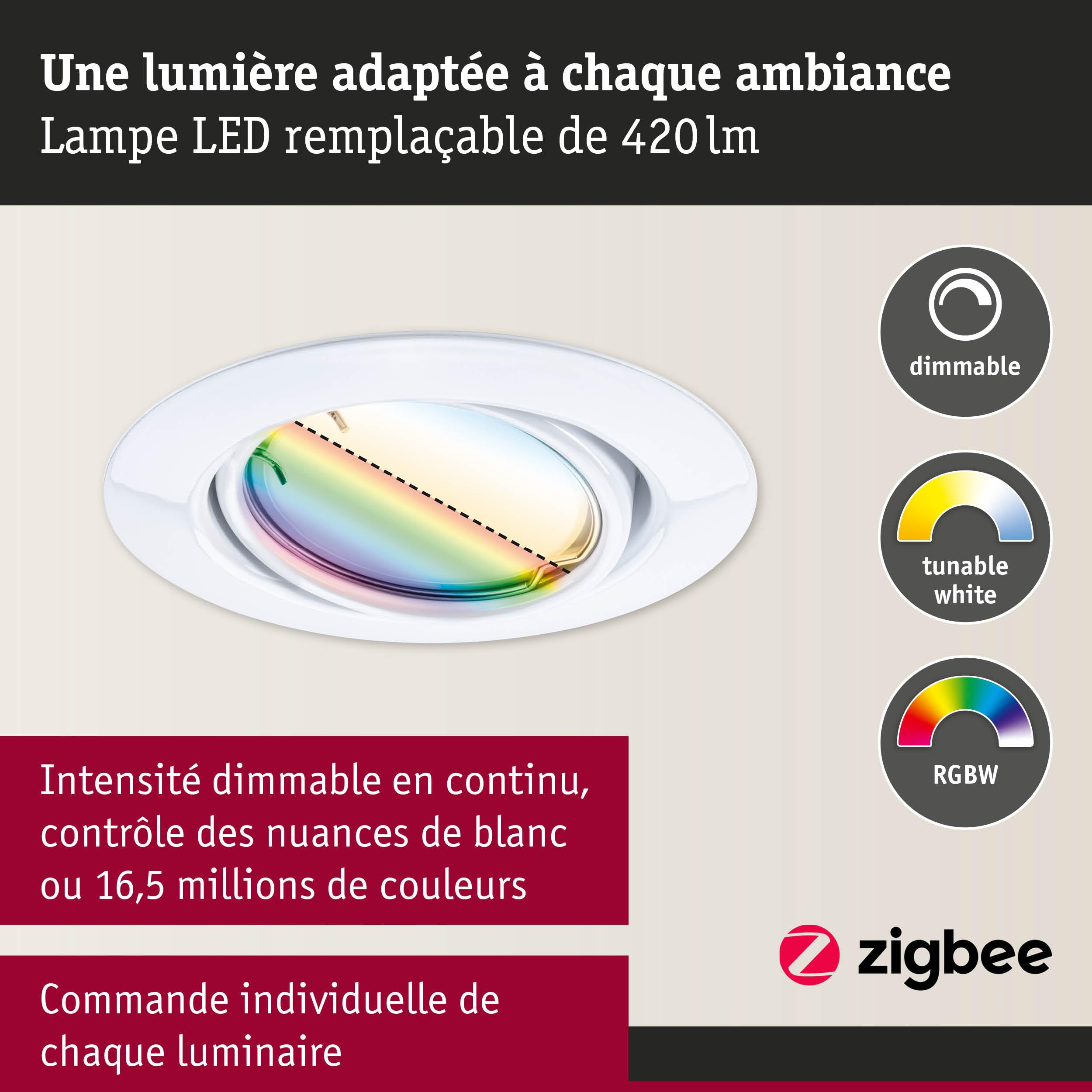 Paulmann 92466 Spot encastré LED Base Smart Home Zigbee kit de base orientable rond 230V 3x4,9W 3x420lm gradable 90 mm Blanc Métal RGBW+