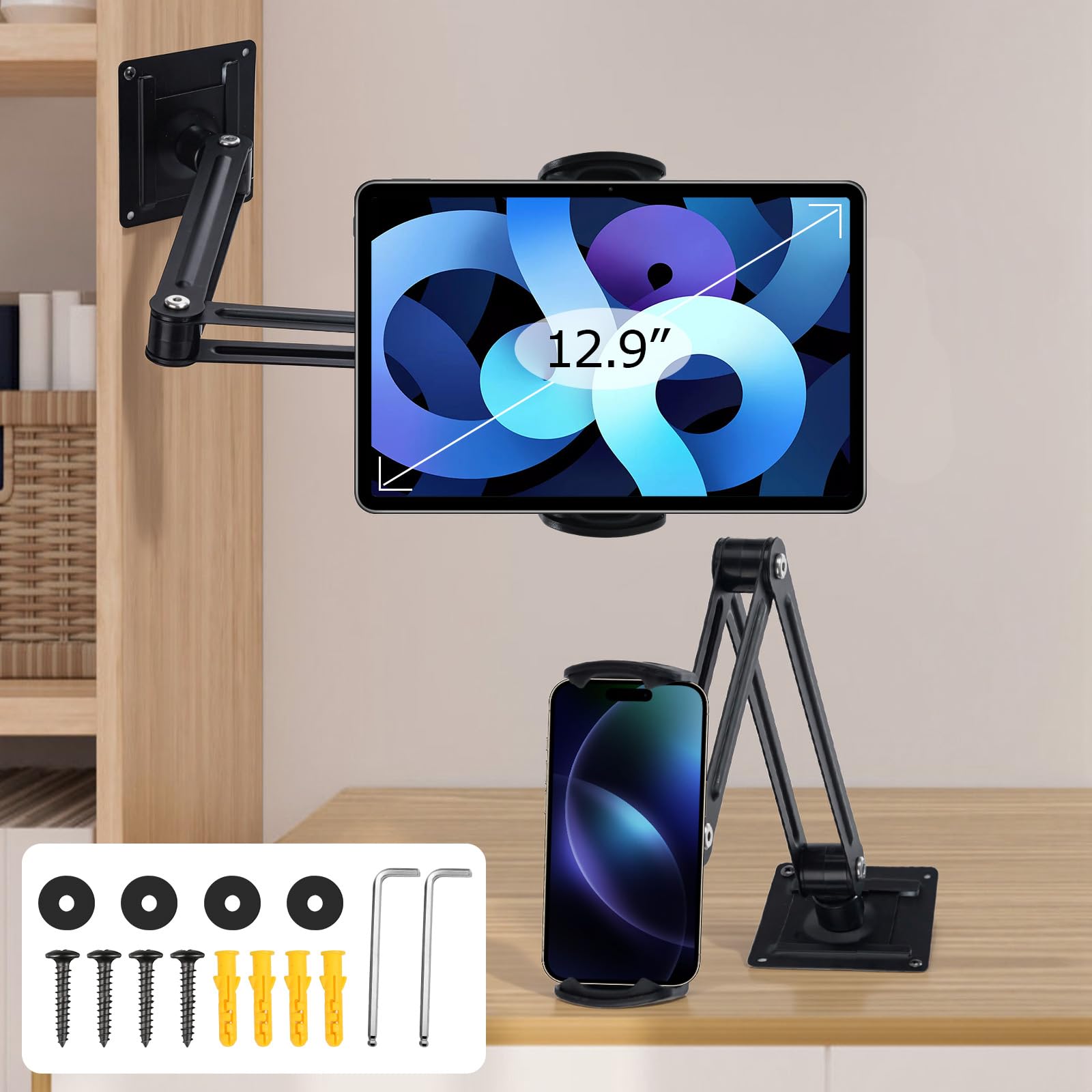 Porta Tablet da Letto in Alluminio, Supporto 360° Girevole per iPad 4.7-13 Pollici, a Muro