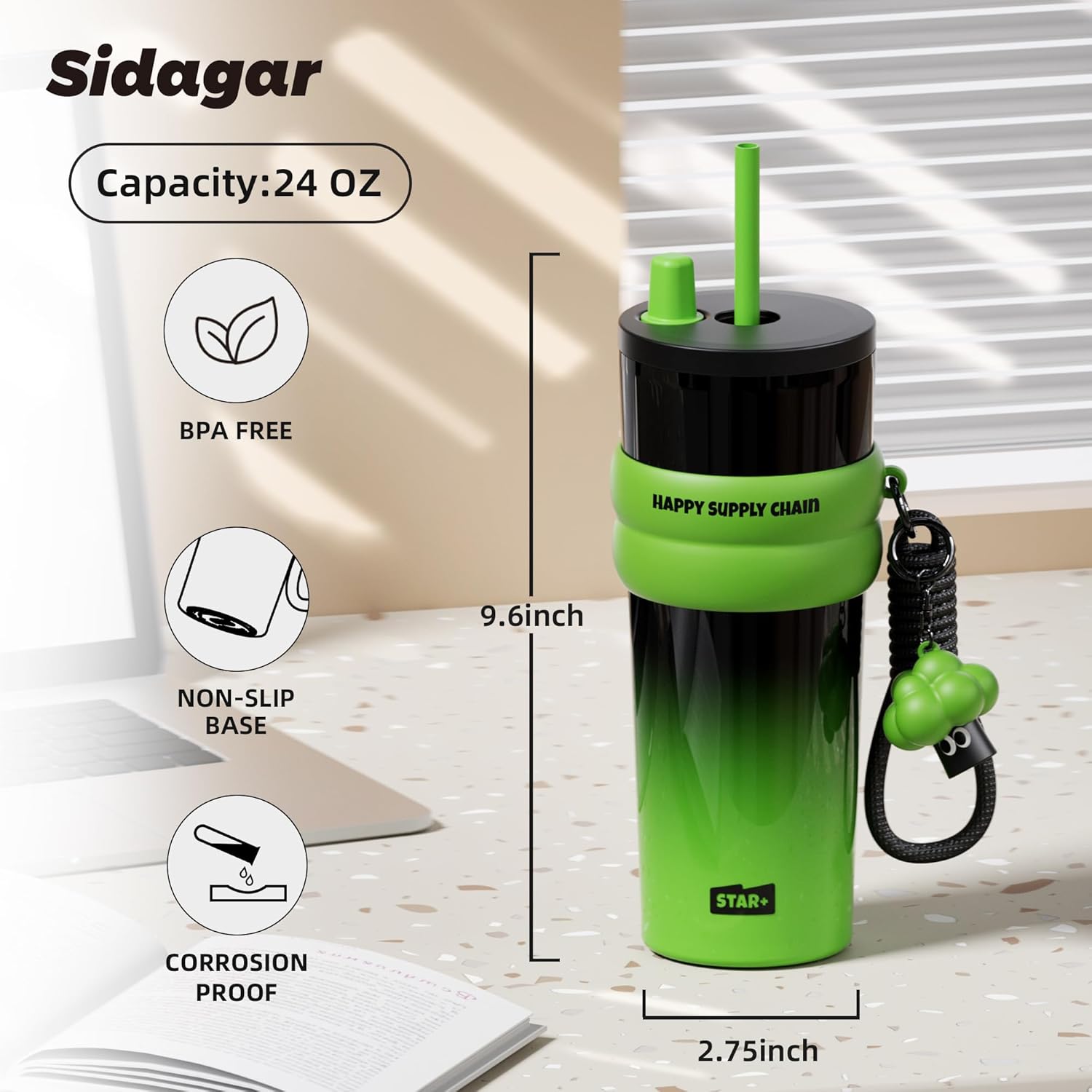 24 oz Stainless Steel Tumbler with Lid and Straw, Insulated Water Bottle Leak Proof for Hot and Cold, Portable Travel Coffee Mug, Reusable Coffee Cup for Women, Green - Image 2