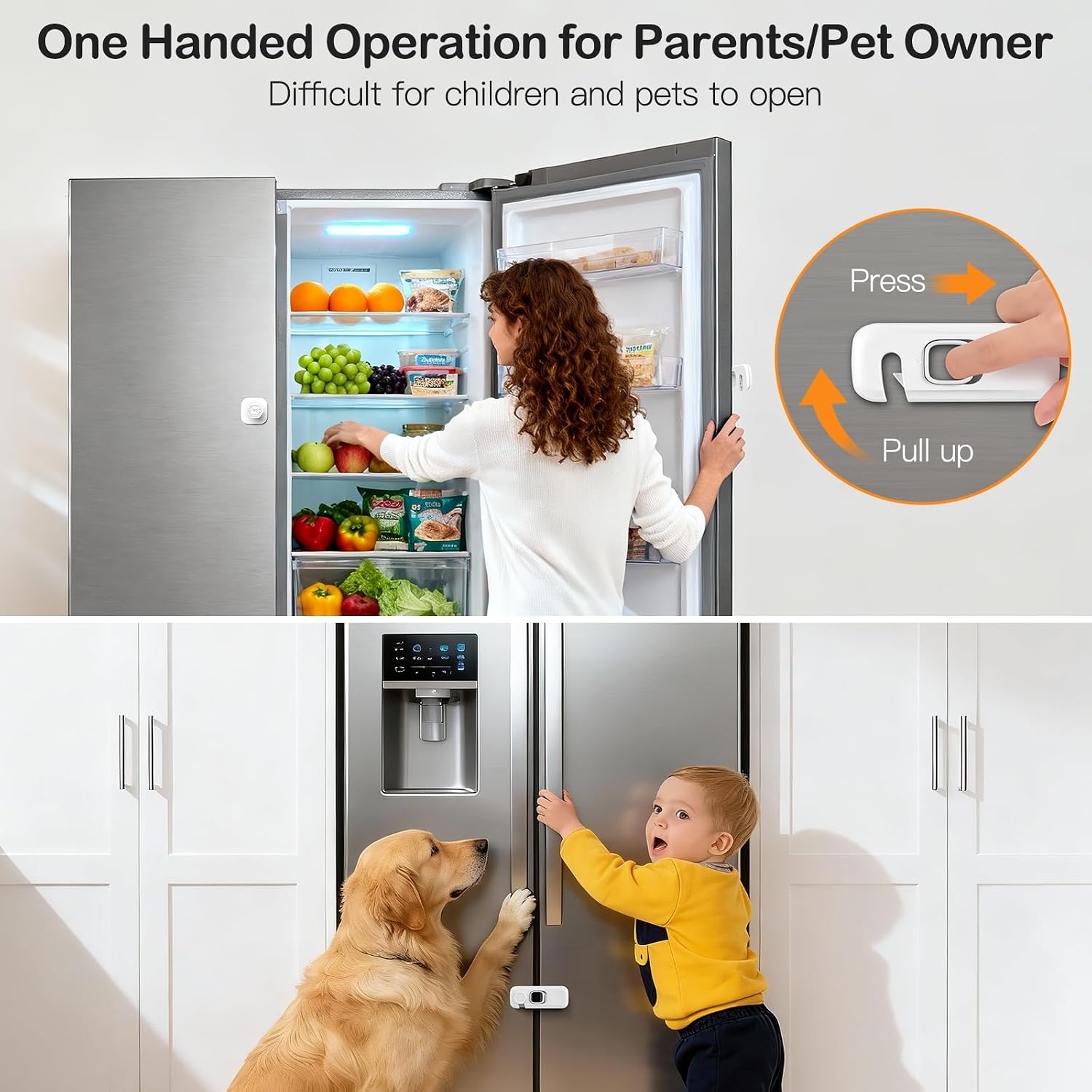 Fridge Locks for Kids with Strong Adhesive, 2 Pack Pet&Child Proof Refrigerator Lock for Kids to Keep Door Closed, Freezer Lock for RV Refrigerator, Garage Fridge, Upright Freezer, Mini Fridge, White
