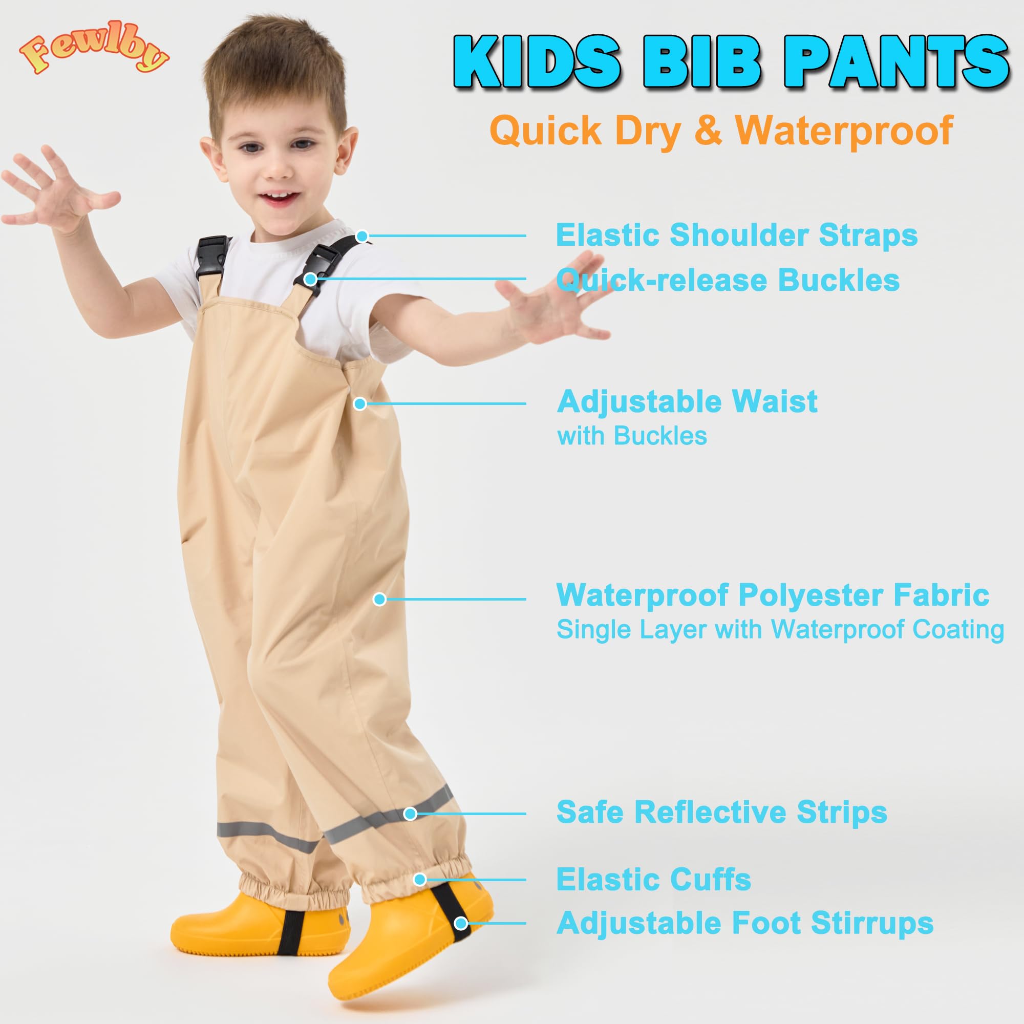 Fewlby Pantaloni Impermeabili Bambino, Pantaloni da Pioggia Ragazze Ragazzi Salopette Impermeabile Bambina Tuta Pioggia con Strisce Riflettenti per 2-6 anni