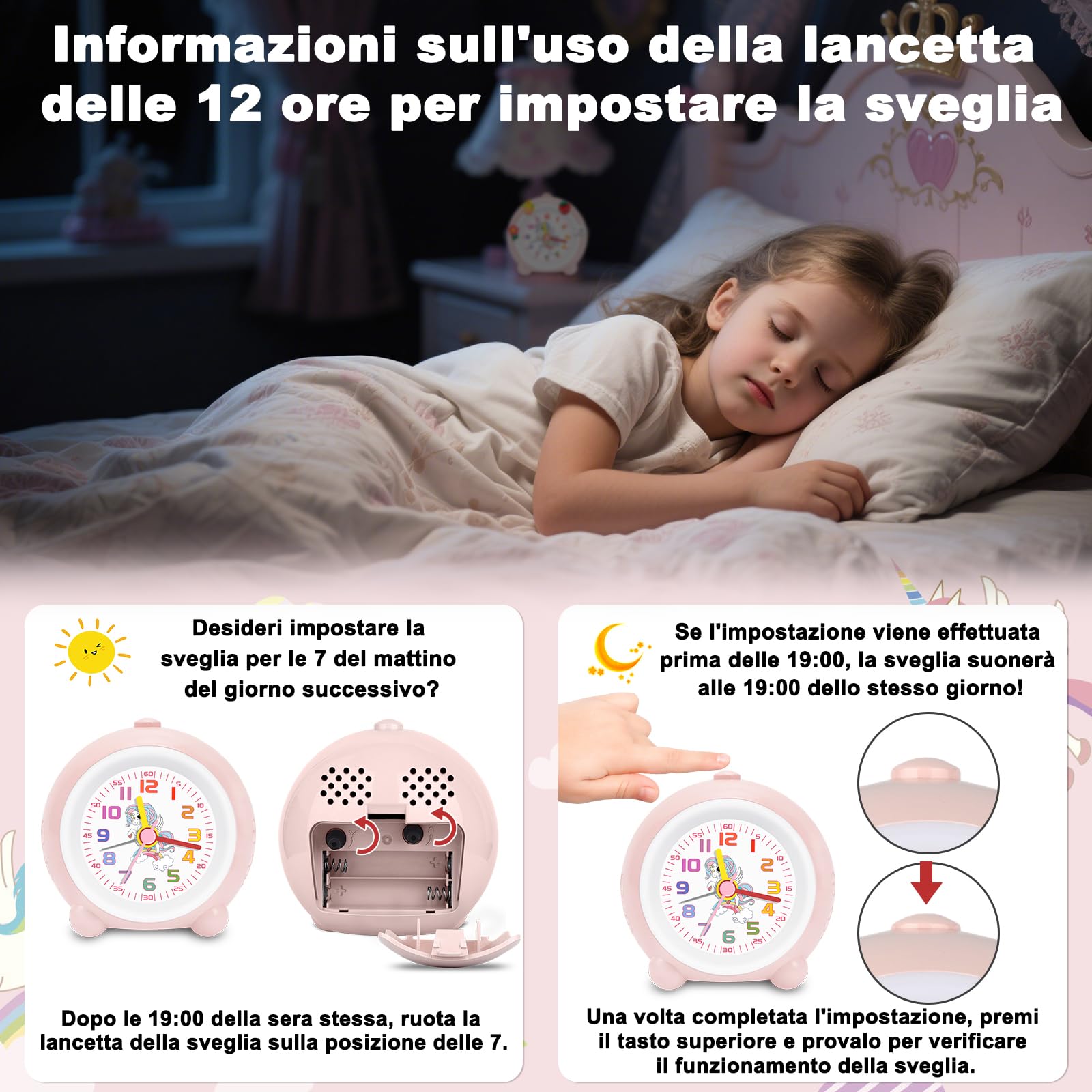 SOCICO Sveglia analogica per bambini ragazze, design unicorno, silenziosa, senza ticchettio, graziosa sveglia analogica pesca, con luce colorata, volume regolabile (rosa pallido)
