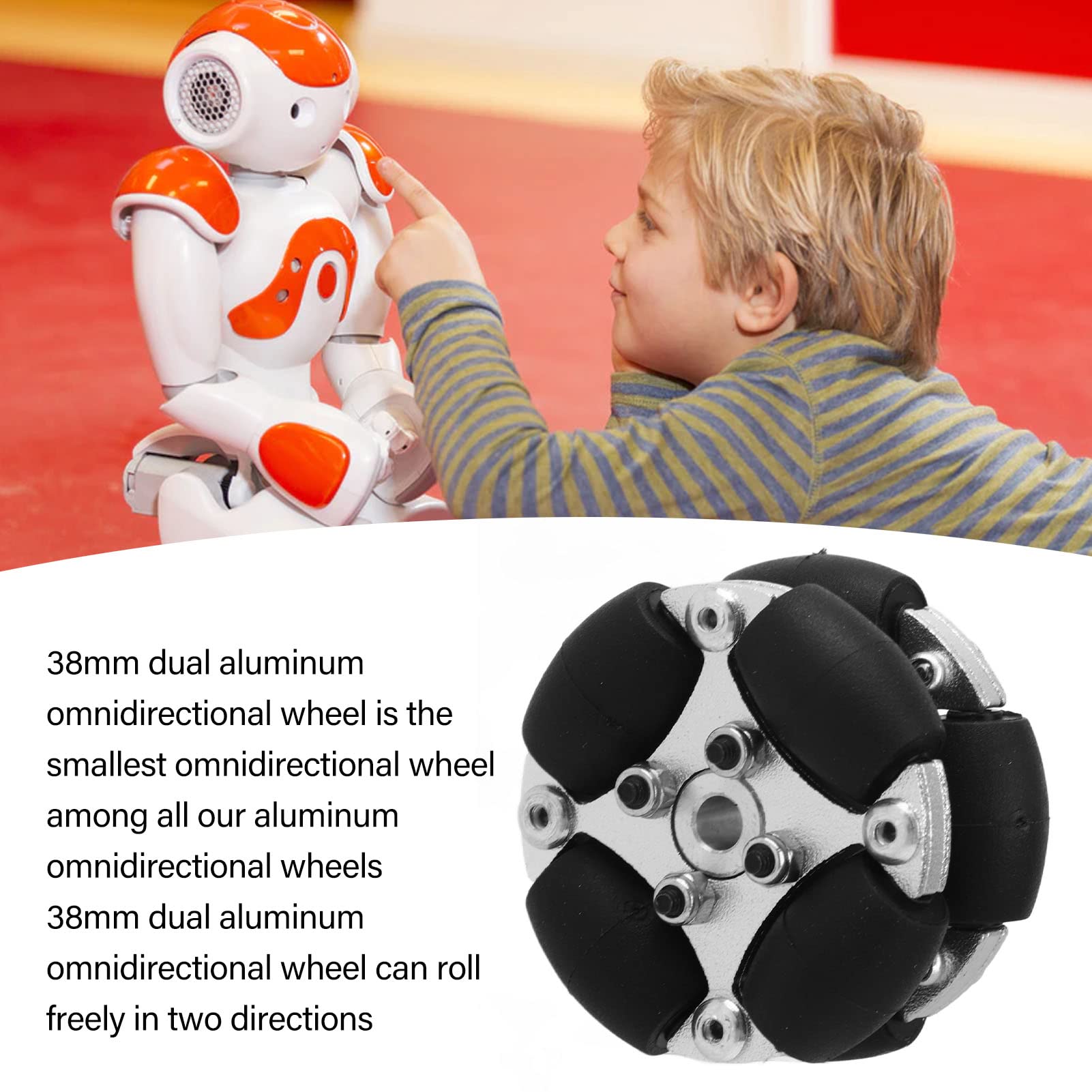 Ruota Omnidirezionale, doppia in alluminio con metallico e rulli in PU per movimento 360 gradi, Ruota Omnidirezionale, per piccoli robot e giocattoli, 38mm