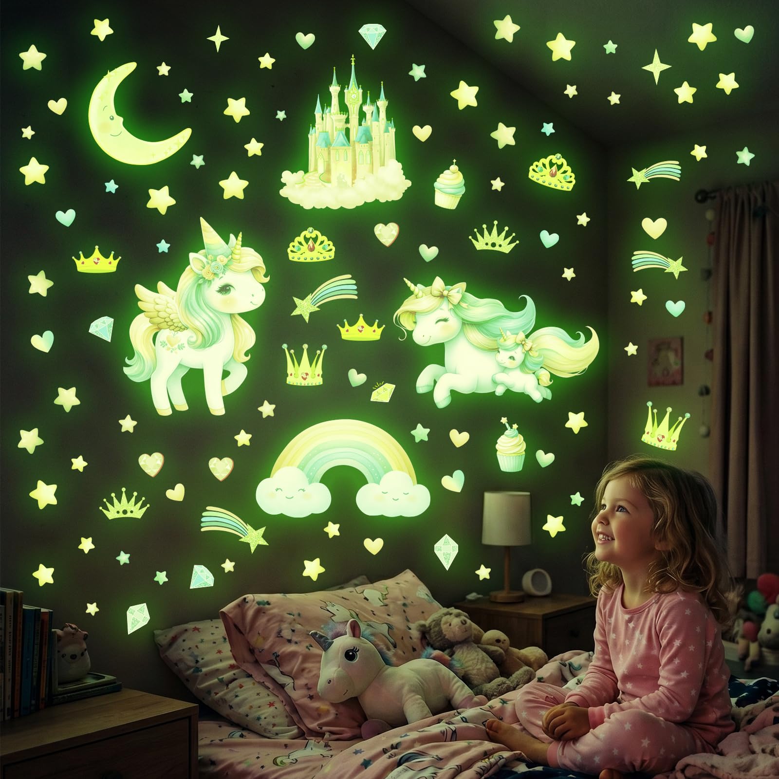Decowall Glow In The Dark Unicorn Glow-In-The-Dark Unicorn Rainbow Wall Stickers (Gds4-8089)