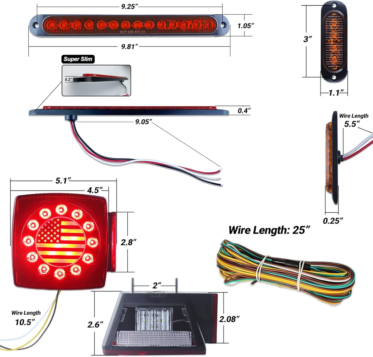 Submersible Square LED Trailer Tail Light Kit American Flag Designed 10 inch 3rd Brake Lights Aluminum Alloy Base Stop Turn Tail Lights for Under 80 inch Boat Utility Snowmobile 12V
