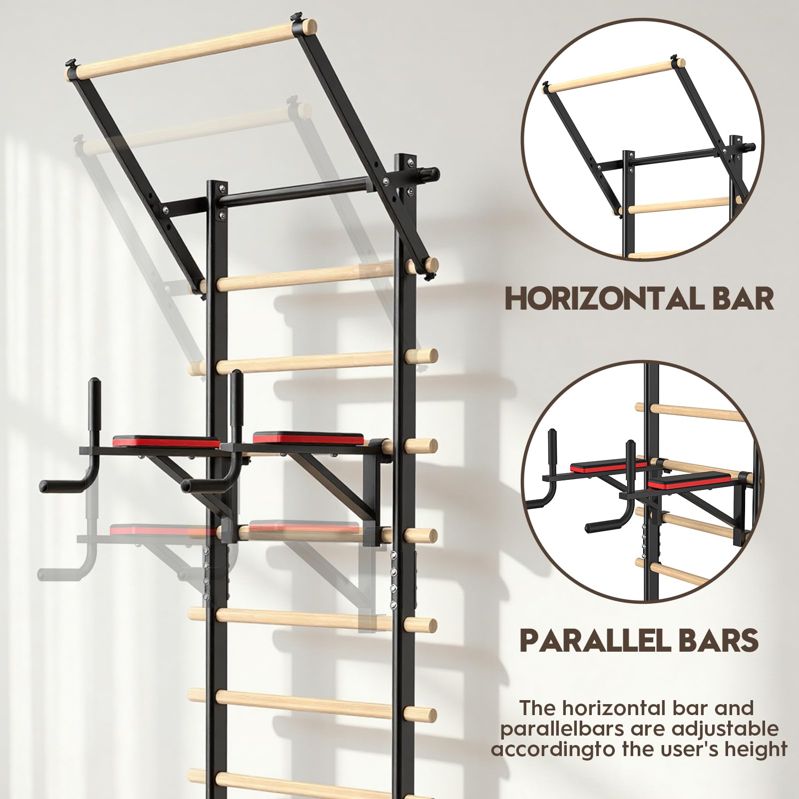 Power Tower Dip Station mit Klimmzugstange, Freistehende Sprossenwand, 150kg Tragkraft, ohne Wandmontage, Kraftstation für Zuhause und Krafttraining, 228cm