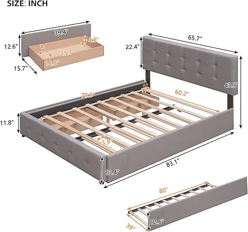 Miniatura 2 de Base de cama tapizada con plataforma nido marco de cama tamaño Queen con 2 cajones soporte de listones de madera no necesita somier fácil montaje