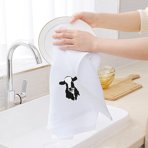 Miniatura 3 de Homaxy Toallas de cocina 100% algodón con bordado de vaca, ultra suaves, absorbentes, de secado rápido, 13 x 28 pulgadas, paquete de 4
