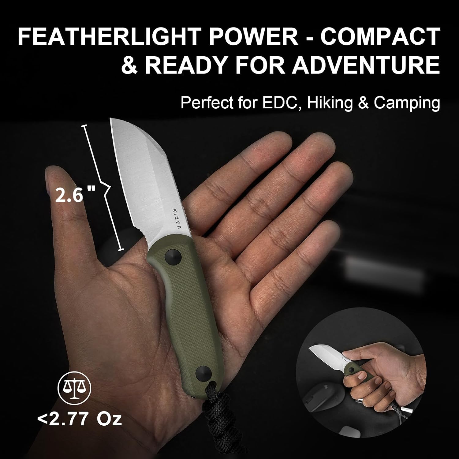 Kizer Drop Bear Fixed Blade Knife, 2.6" AEB-L Satin Blade EDC Camping Knife with Olive Green G10 Handle & Hidden Tools, Outdoor Full Tang Hunting Survival Knives with Adjustable Kydex Sheath 1093A1