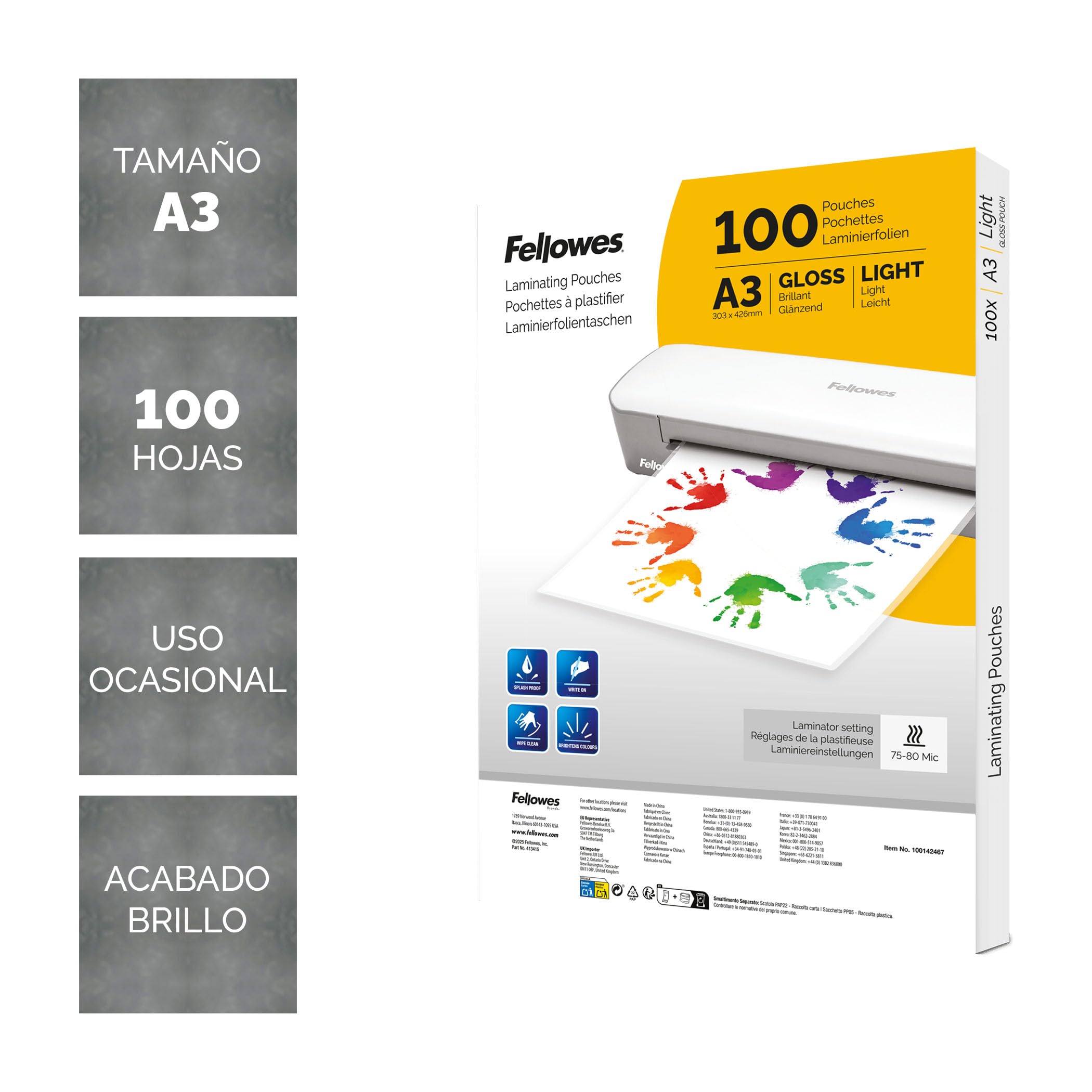 Fellowes Fundas de plastificar A3, Pack de 100 Acabado brillo, Fundas plastificación para hogar, escuela, oficina, Adecuadas para póster, carteles, documentos, Compatible con todas las plastificadoras