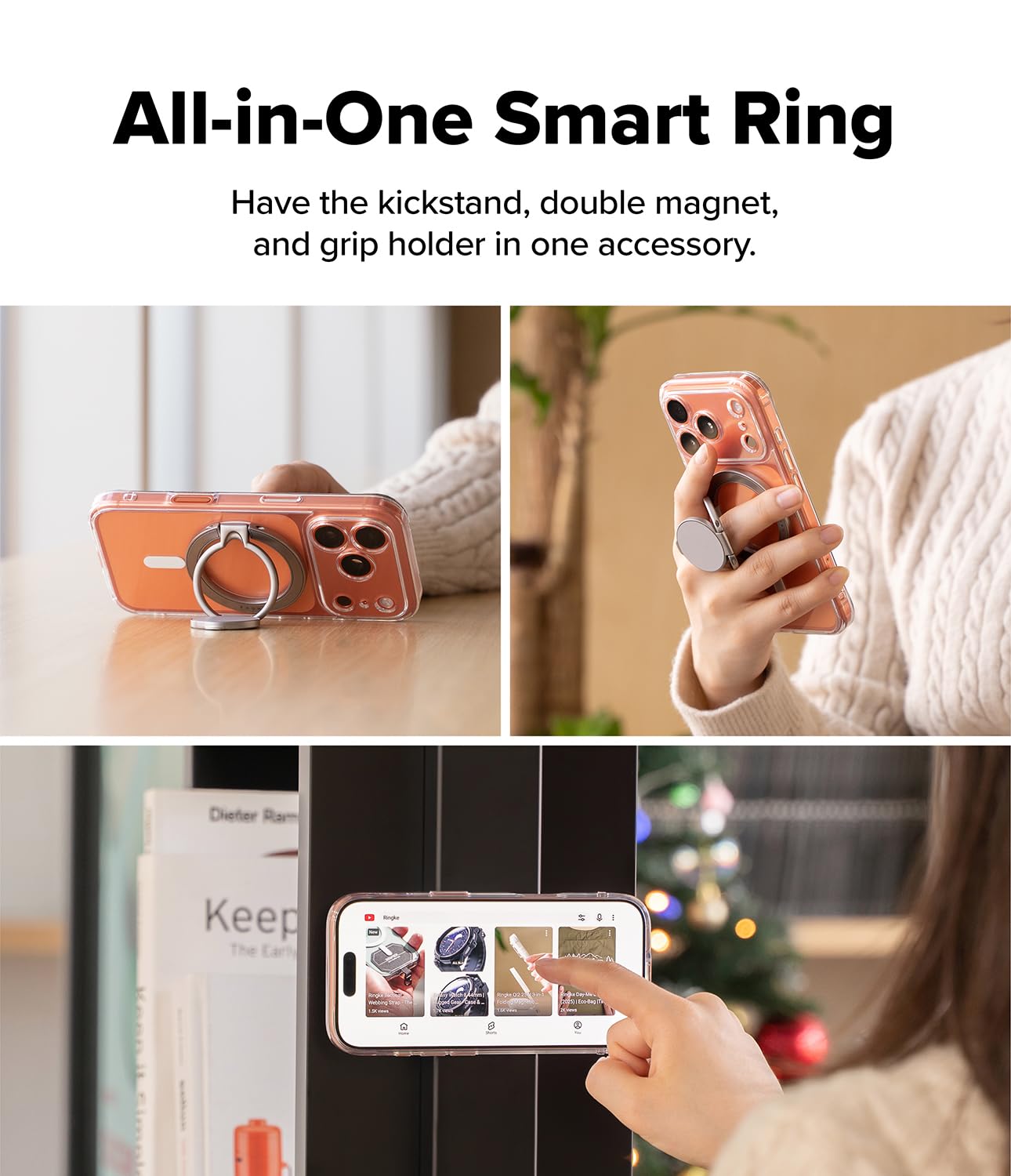 Ringke Dual Magnetic Smart Holder [Compatible con MagSafe] Soporte con Agarre, Doble Imán Potente, Soporte Plegable de 3 Niveles para Gimnasio, iPhone, Galaxy, Pixel - Satin Silver