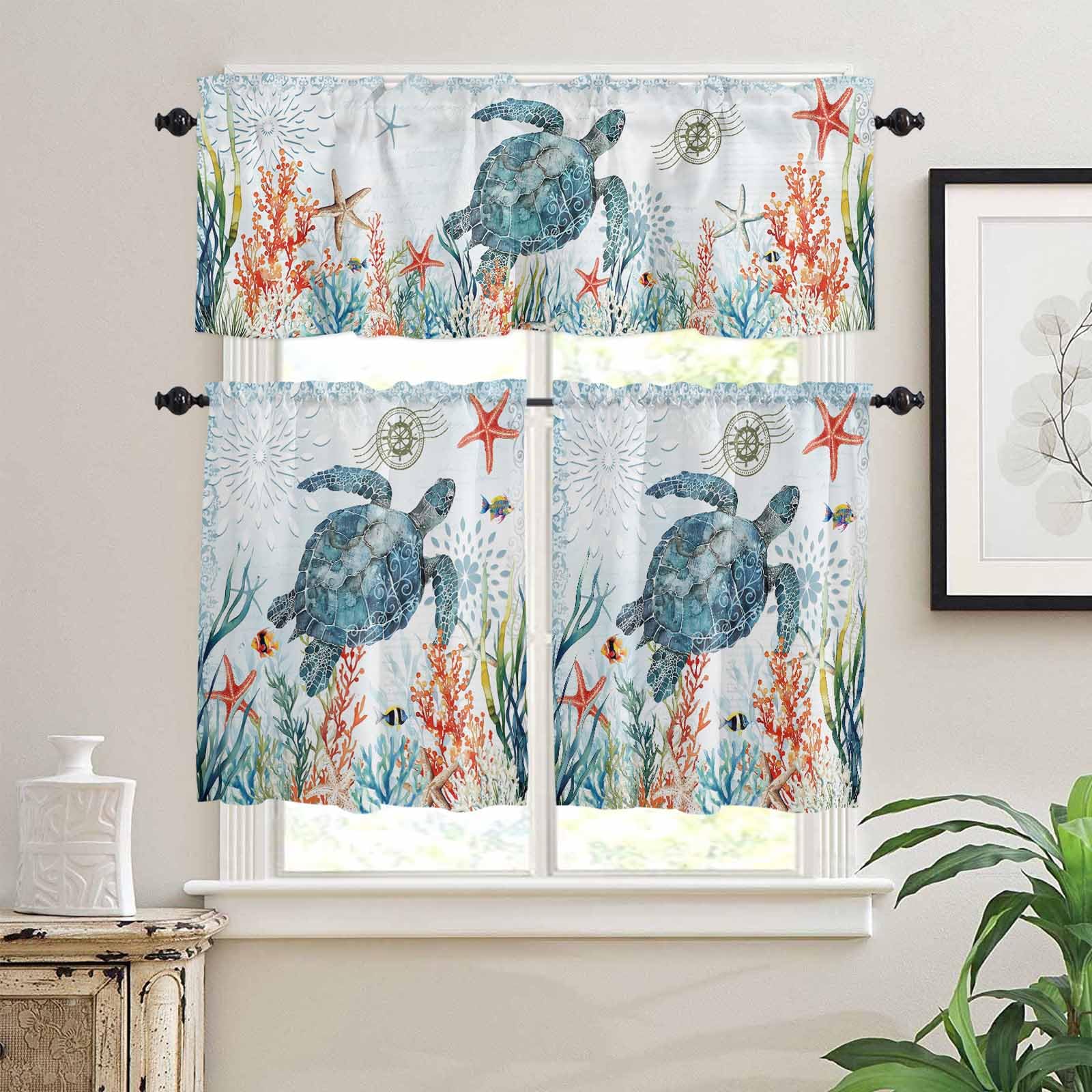Coastal Turtle Kitchen Curtains 24 Inch Length, 3 Piece Rod Pocket Small Half Tiers and Valance Set, Summer Beach Nautical Coral Starfish Small Large Window Treatment Decor for Bedroom/Bathroom Sink