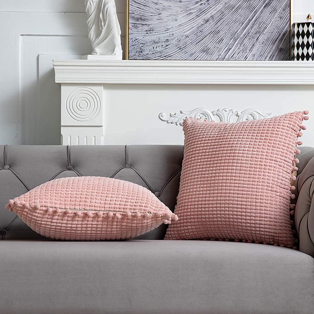 DEZENE Pink Decorative Couch Throw Pillow Covers - 2 Pack 20x20 Inch Soft Corduroy Corn Striped Pom-poms Square Pillow Cases for Bedroom Sofa Living Room