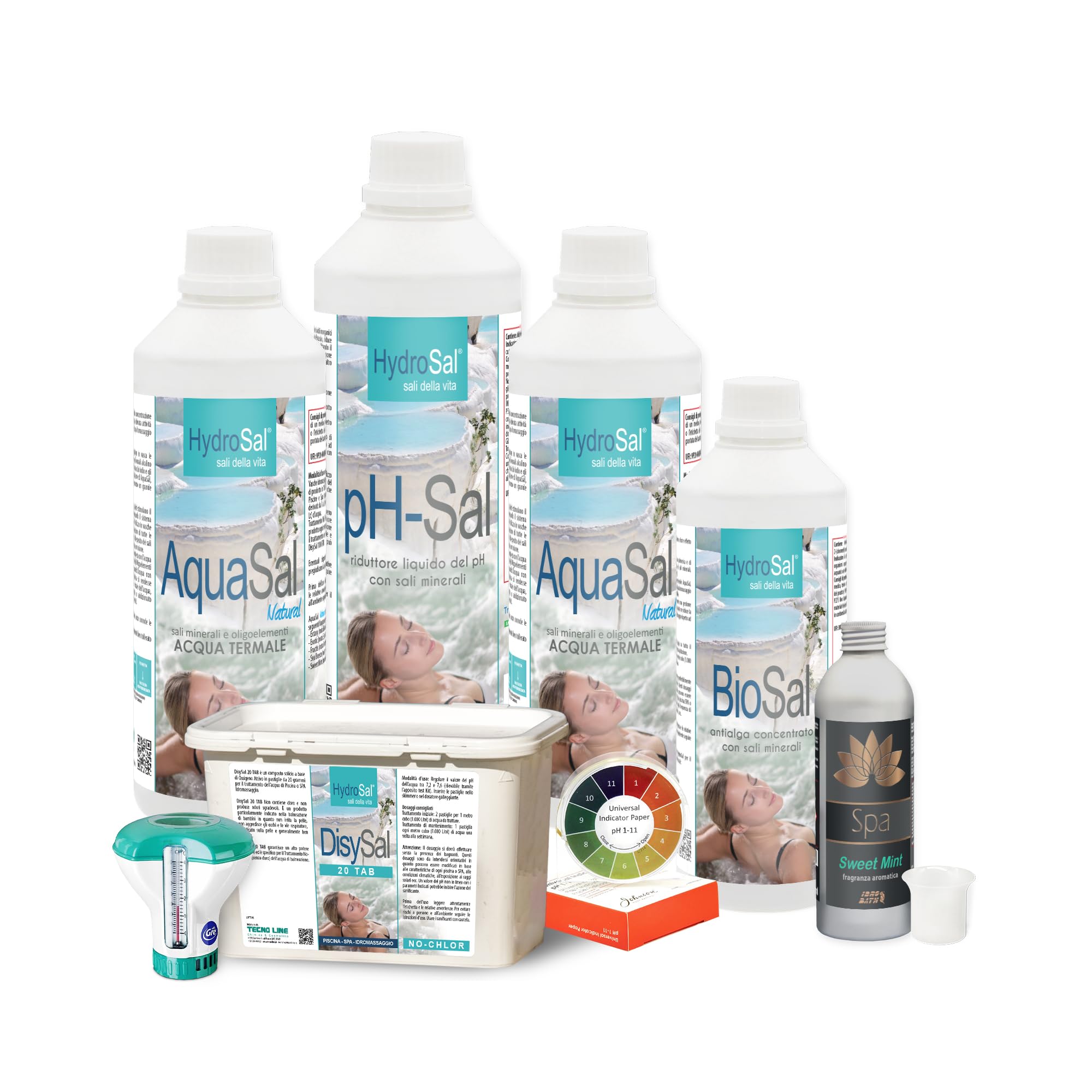 Metacril HydroSal Kit Spa Natural 4,5 kg + Fragranza Sweet Mint Spa 250 ml | Set Prodotti con Acqua Termale e Trattamento a base di Ossigeno Attivo, Senza Cloro, per Piscina e Spa Idromassaggio