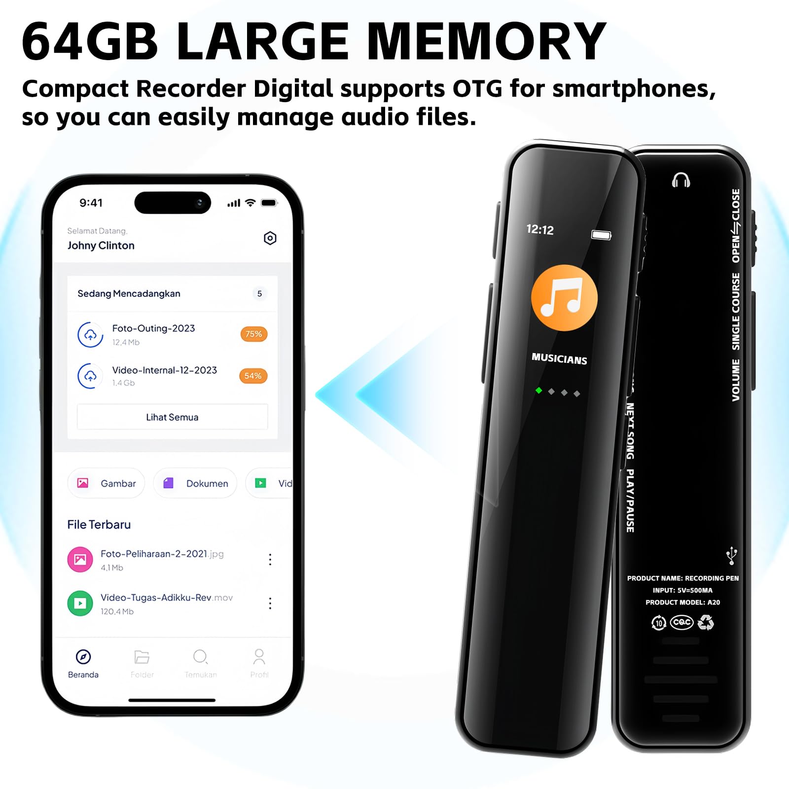 Diktiergerät Mini 64GB, Aufnahmegerät, Digitales Diktiergerät, Diktiergerät Digital mit Wiedergabe, Audio Recorder für Besprechungen Unterricht Interviews, One-Touch Aufnahme Voice Recorder