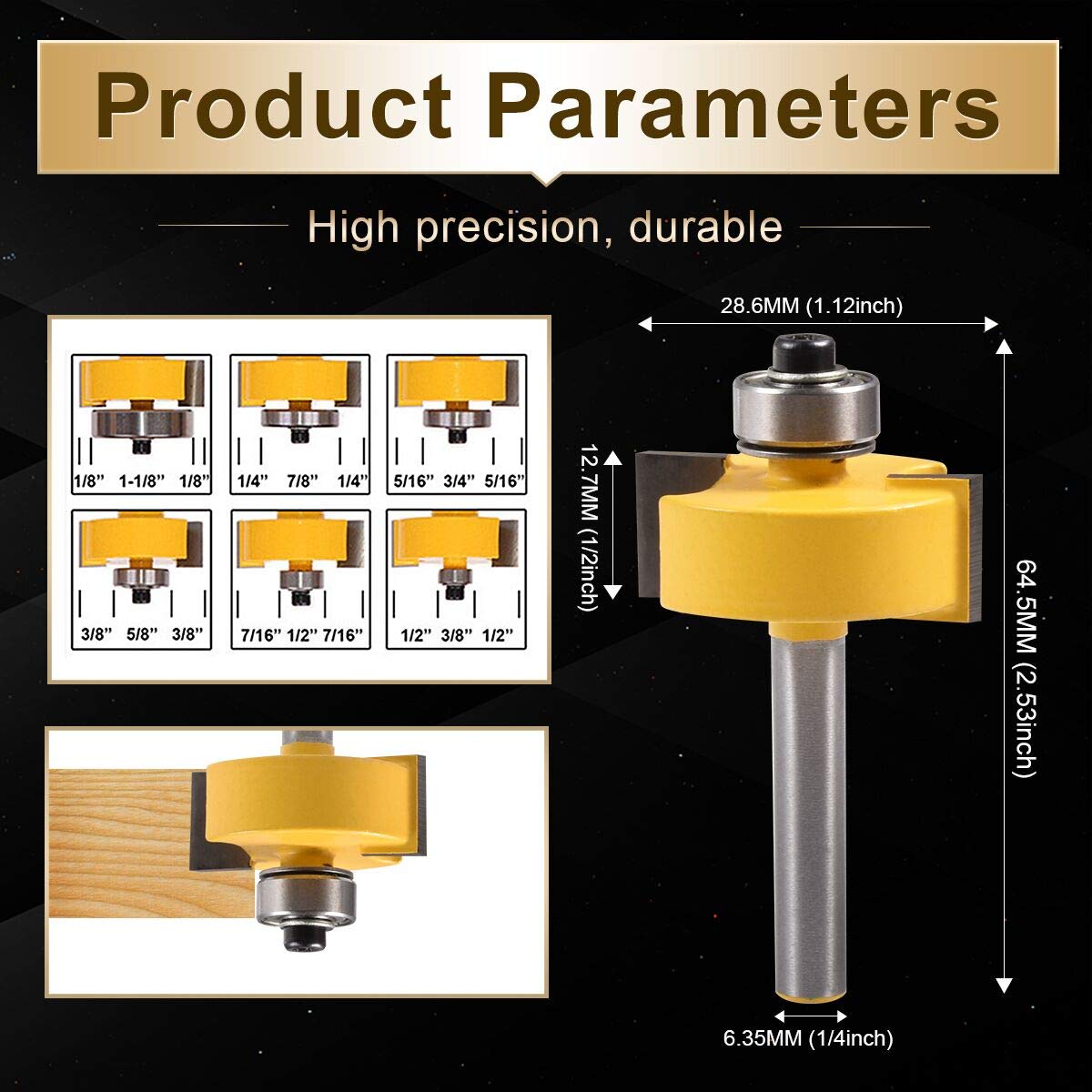 Punta per router con battuta KATUR con set di cuscinetti intercambiabili 6 dimensioni per profondità multiple, inclusi 1/8", 1/4", 5/16", 3/8", 7/16", 1/2" sei dimensioni (1/4" Shank)