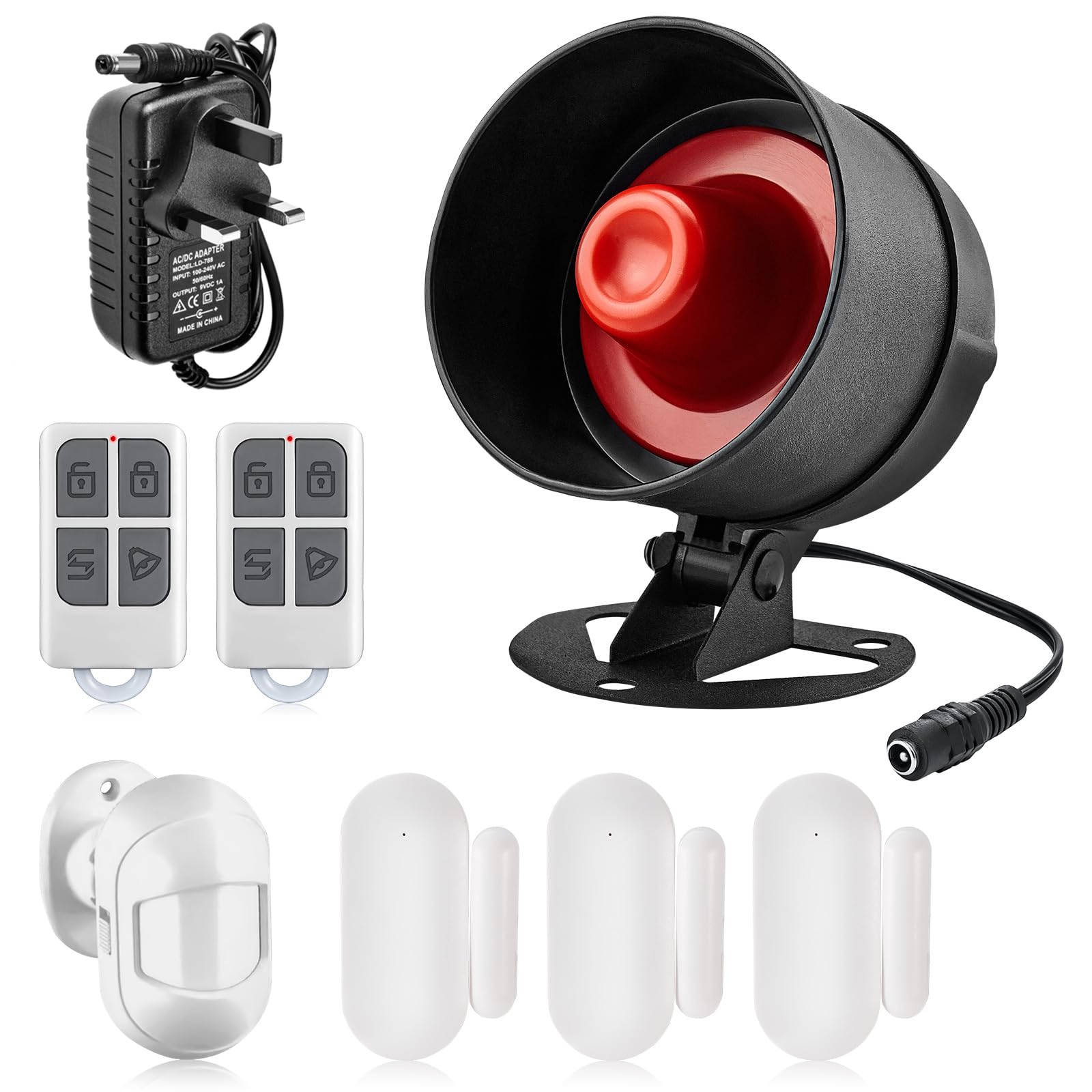 Upgraded Standalone Home Office Shop Security Alarm System Kit,Wireless Loud Indoor/Outdoor Weatherproof Siren Horn with Remote Control and Door Contact Sensor,Motion Sensor,Up to 120db