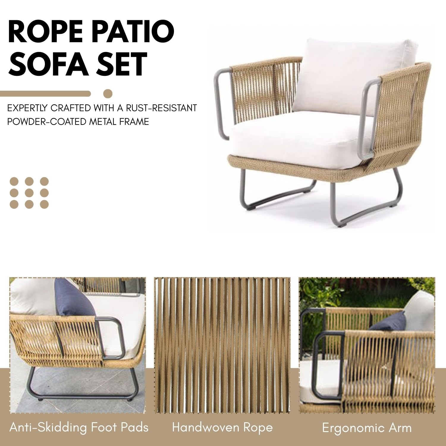 Mymigos Outdoor 5pcs All-Weather Rope Sofa Conversation Set with Cushioned Chair, Ottoman & White Marble Center Table for Garden, Terrace, Balcony, Poolside (Beige & White) 2