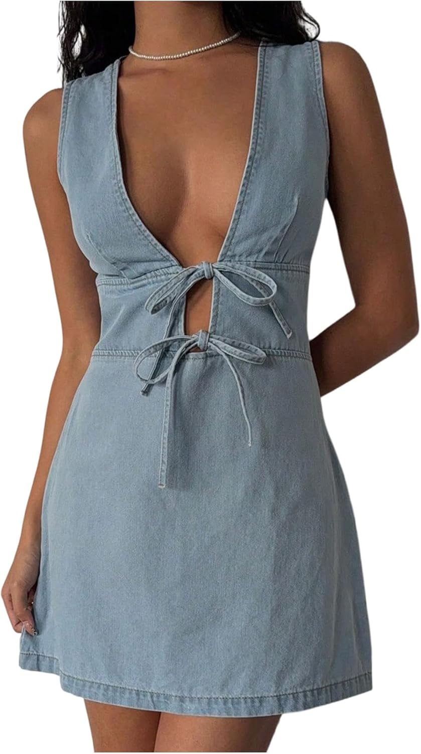 SOLY HUX Women's Denim Mini Dress Deep V Neck Bow Tie Front Sleeveless A Line Summer Jean Dresses