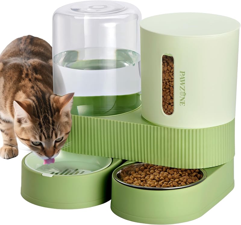 Comedouro e Bebedouro Automático para Gatos Pawzone com Sistema por Gravidade em Aço Inoxidável, Verde