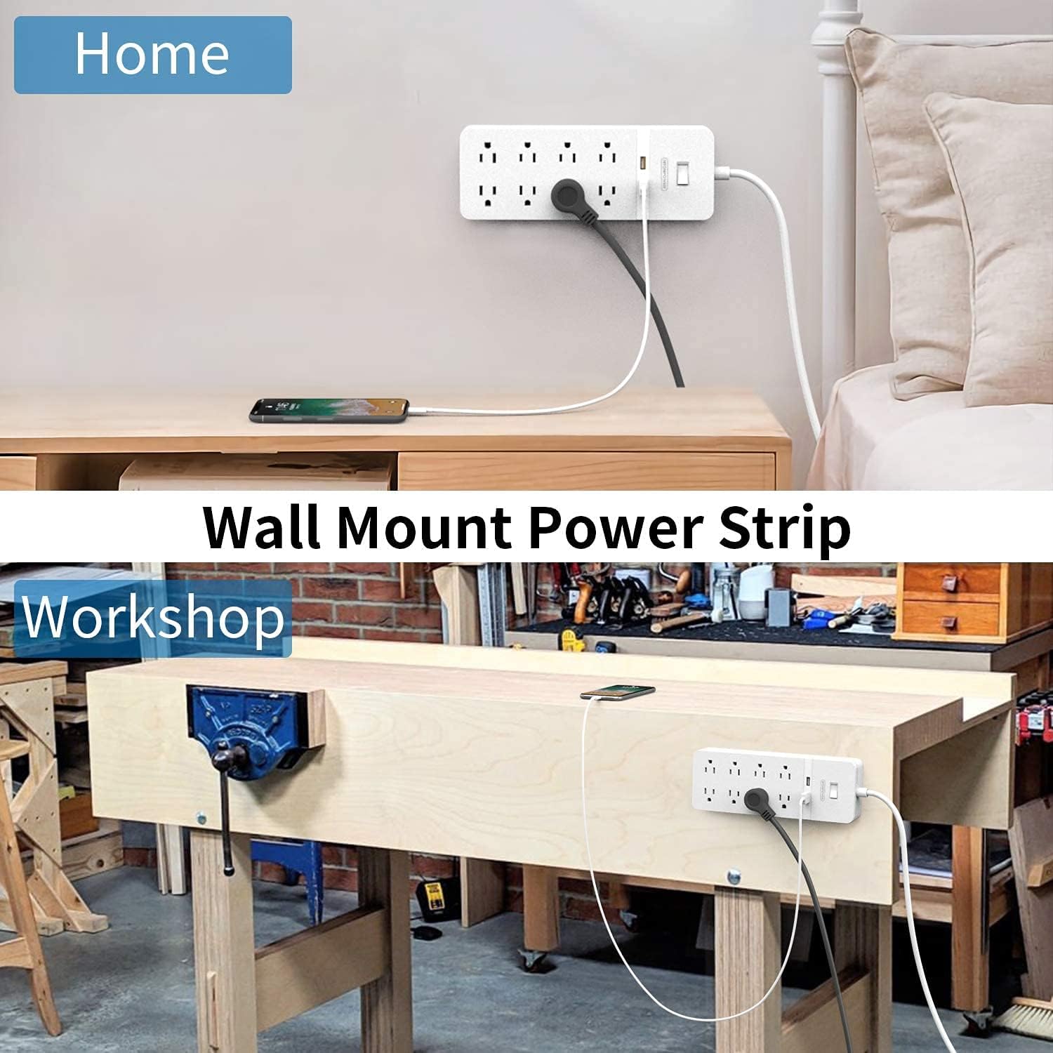 Flat Plug Extension Cord 15Ft - NTONPOWER 8 Outlets Surge Protector Power Strip with 2 USB, Overload Protection, 1080 Joules, ETL Listed, 15A/1850W, Wall Mountable for Home Office and Workbench, White