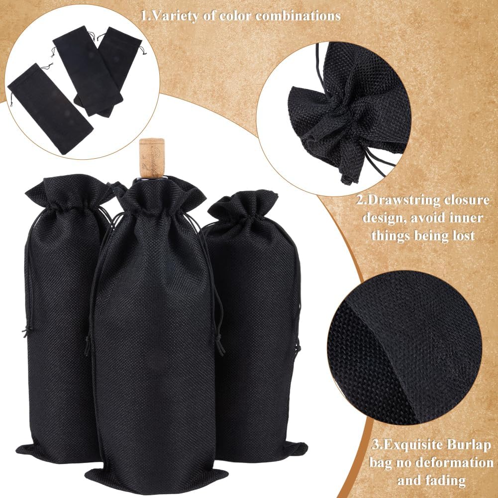 Beebeecraft 8Pcs Burlap Wine Bottle Bags 5.9x13.8 Inch Rectangle Black Reusable Drawstring Wine Bottle Gift Bags Pouch for Champagne Holiday Weeding Party Birthdays Christmas Travel Blind Tastings