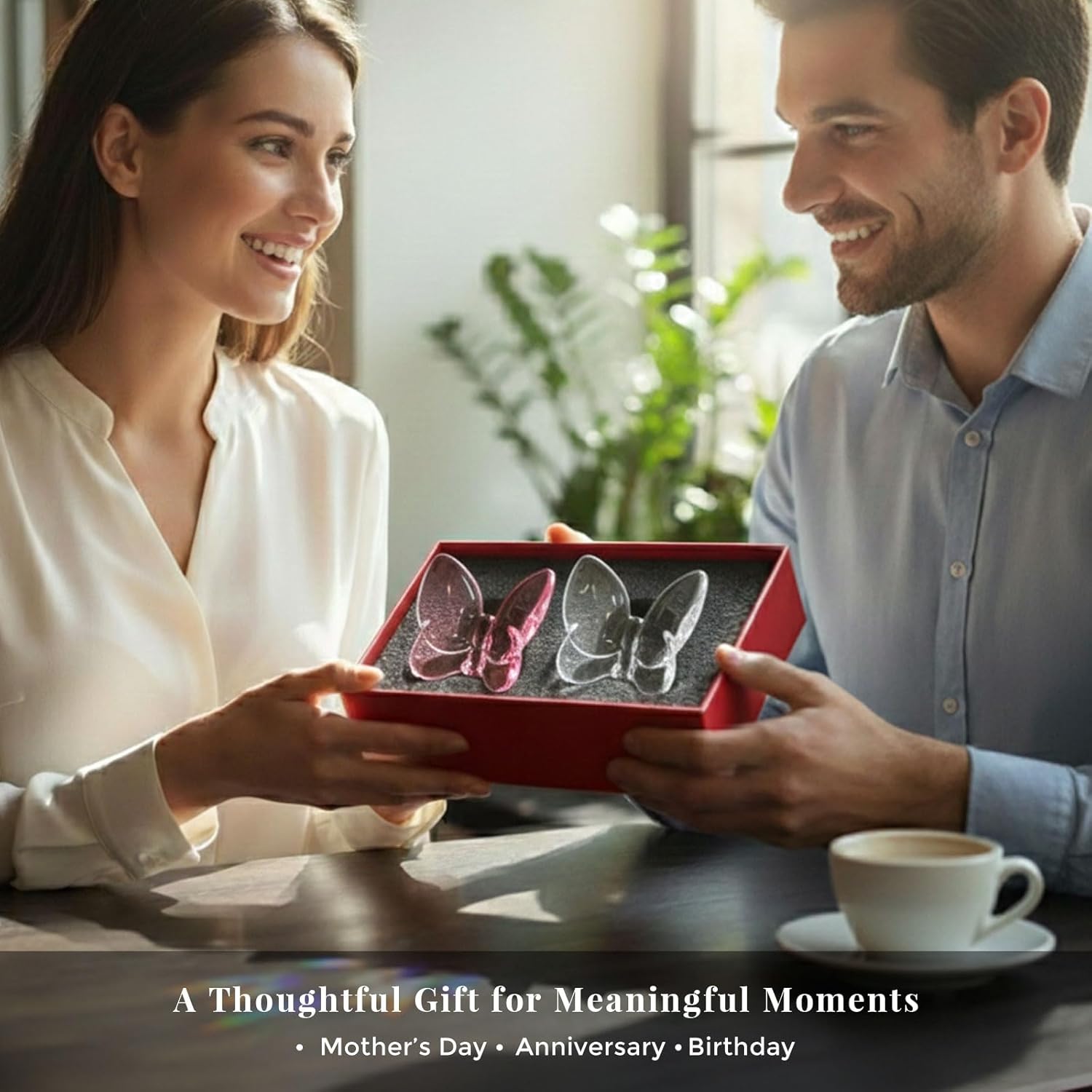 2 Pack Crystal Butterfly Figurines, Glass Butterfly Figurines Decor for Home Office Desk, Handcrafted Crystal Animal Figurines, Butterfly Gifts for Women, (Pink + White)