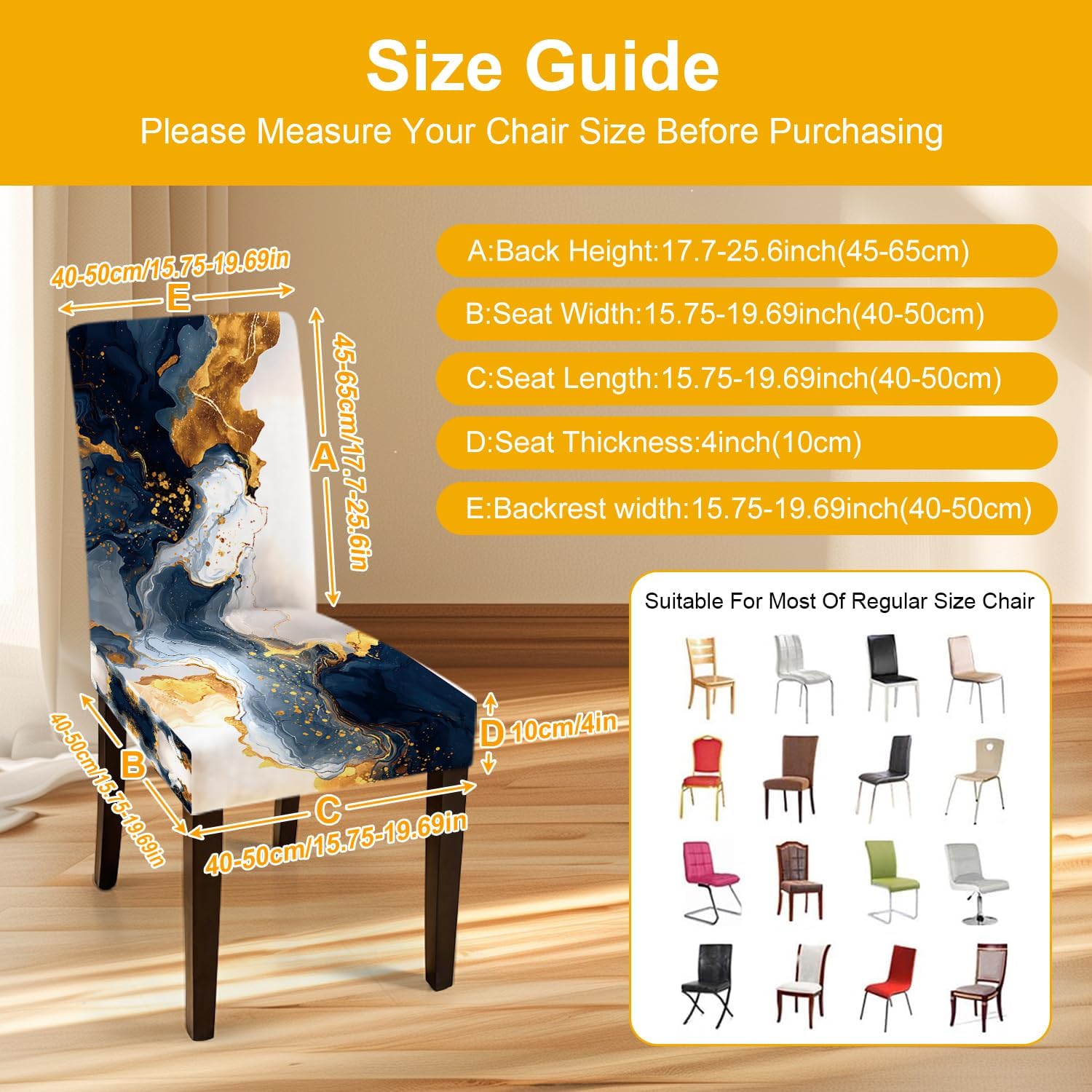 Luxury Marble Chair Covers Set of 4 – Navy Blue Gold Abstract Pattern Stretch Dining Chair Slipcovers Washable Universal Seat Protectors for Kitchen, Banquet, Party, Hotel, Home Decoration