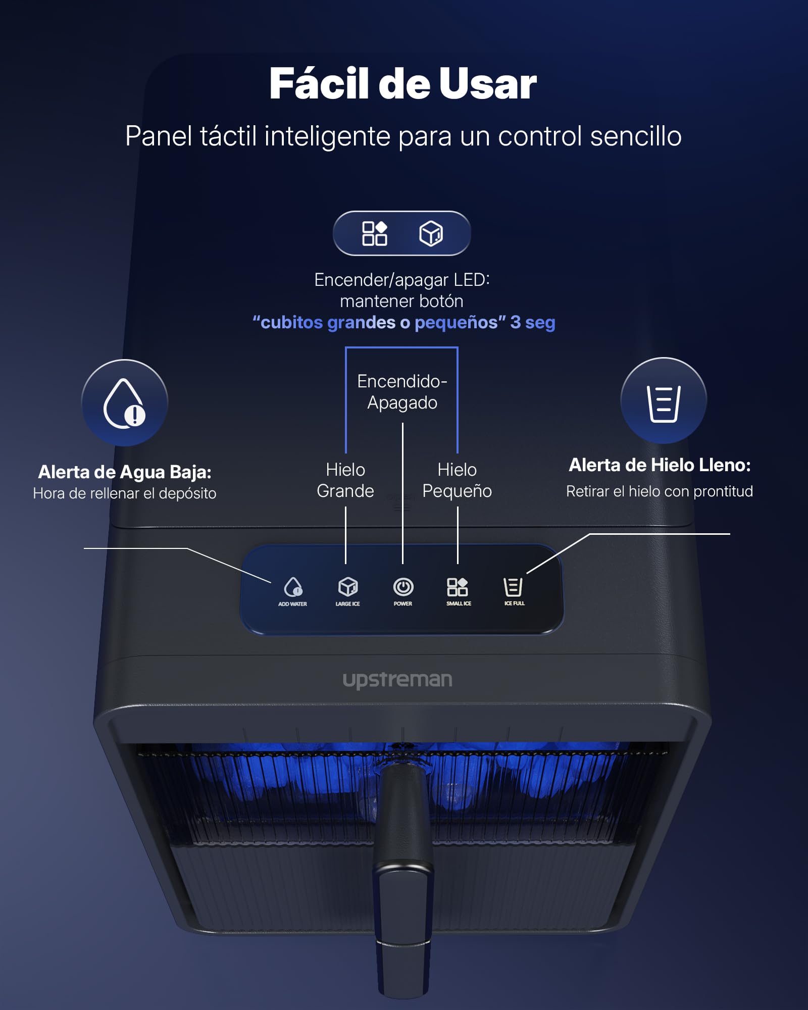 Upstreman Maquina de Hielo con LED, Pantalla Táctil Digital, Depósito & Cestillo Extraíbles, 9 Cubitos en 6-8 Min, 2 Tamaños de Cubitos, Autolimpiante, Ice Maker, Gris, BI10