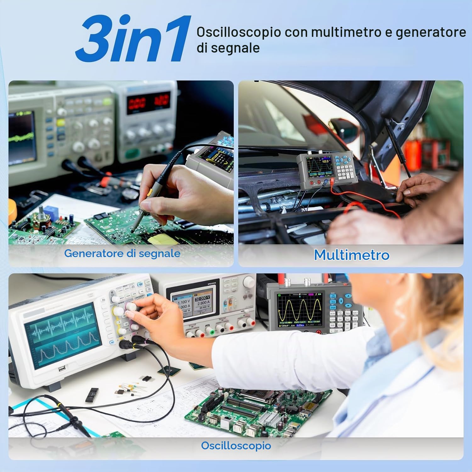 Oscilloscopio digitale 3 in 1, DSO3D12, oscilloscopio a 2 canali, multimetro e generatore di segnale, larghezza di banda 120 MHz, frequenza di campionamento 250/s, display IPS da 3,2 pollici, design