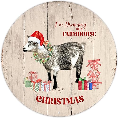 Letrero de metal redondo de bienvenida con texto en inglés "I'm Dreaming A Farmhouse Christmas", diseño de vaca y animales de Navidad, decoración de