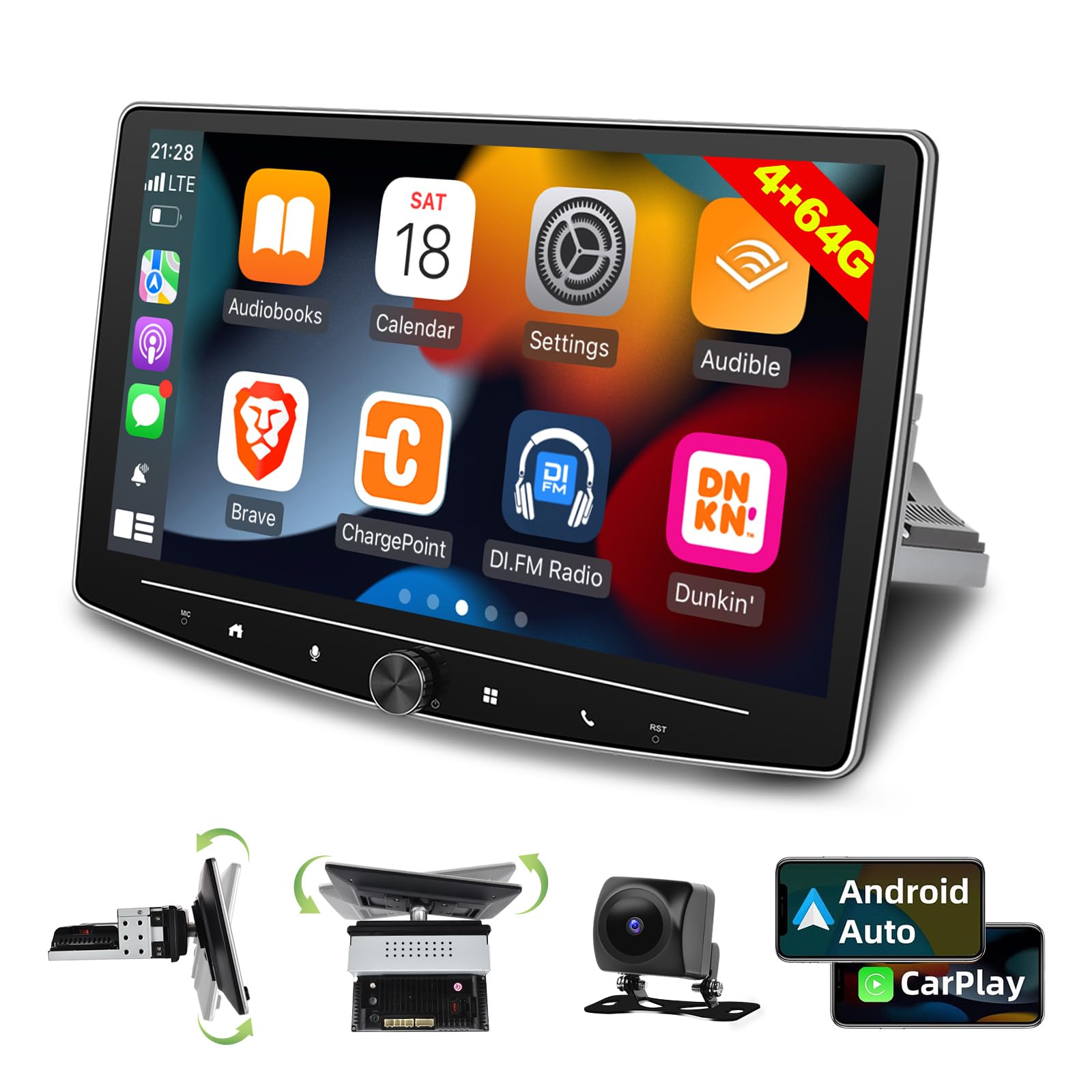 [2G+64G] 10 inch Android 13 Single Din Touch Screen Car Stereo Rotatable Carplay Radio with Wired/Wireless Apple Carplay & Android Auto, Hi-Fi/Bluetooth/SWC/GPS+AHD Backup Camera-image-14