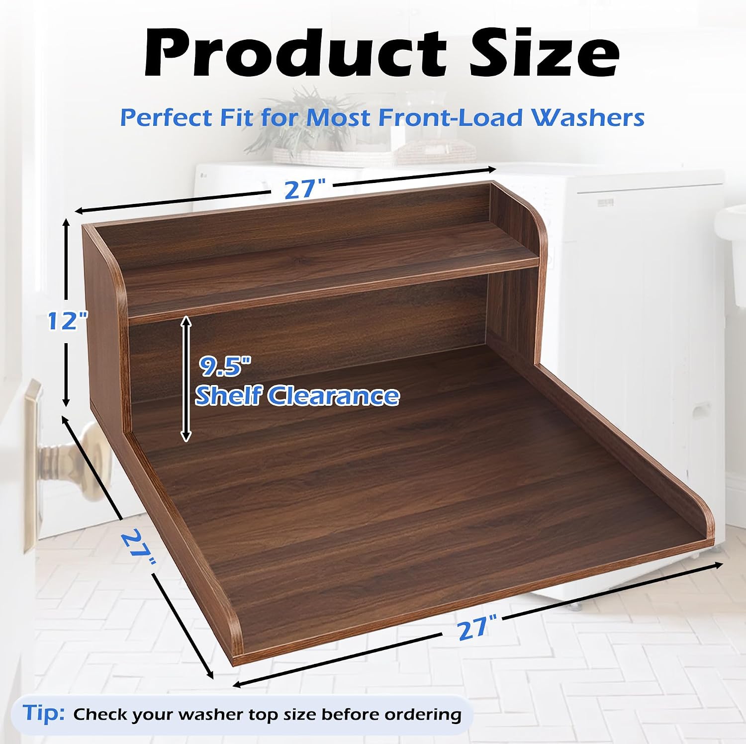 Royxen Single Washer Dryer Countertop, 2-Tier Laundry Countertop with Shelf, Soild Wood Core Washer Dryer Topper for Laundry Room Organization (Walnut)