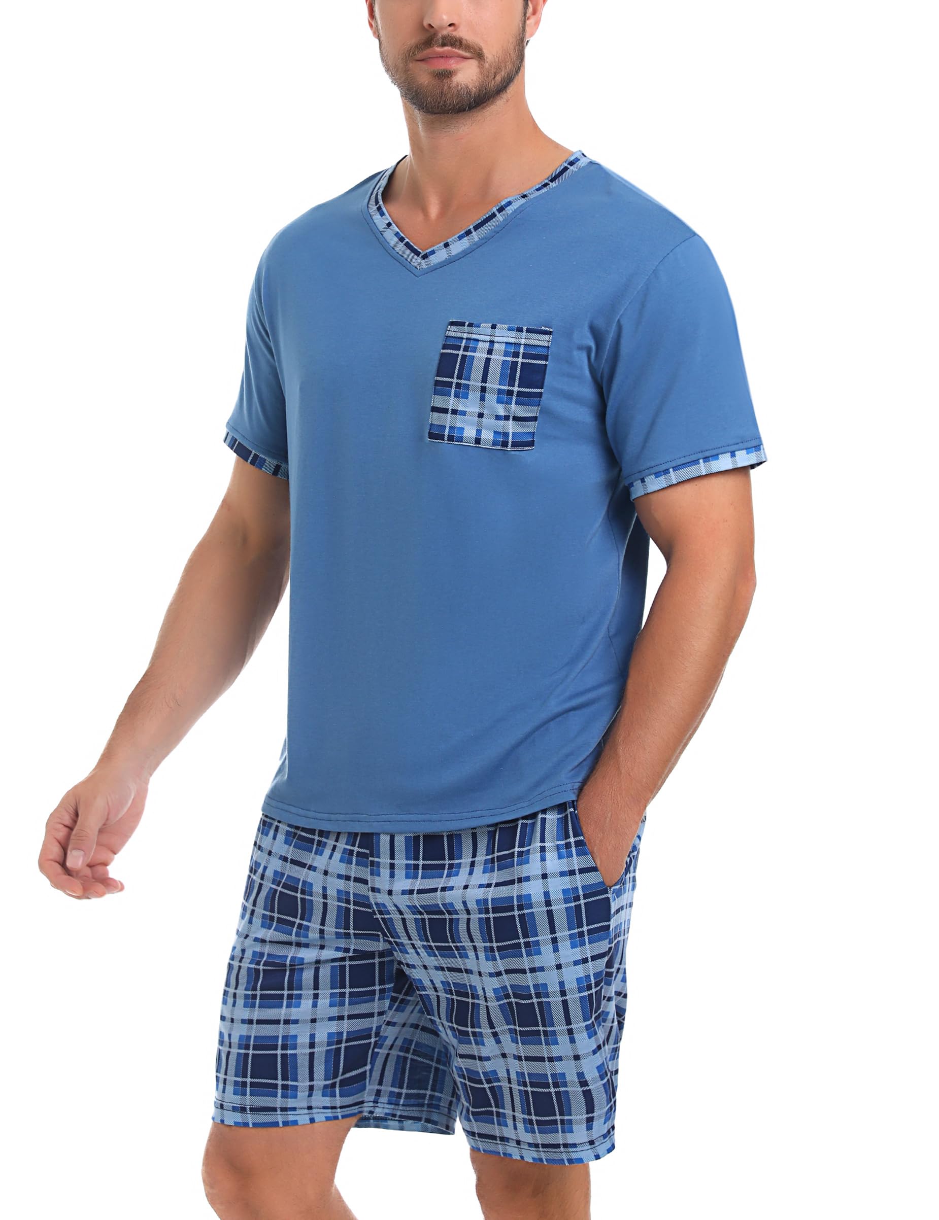 Aseniza Pijamas Hombre Verano de Algodón Pijama Corto Hombre con Camiseta y Pantalones Cortos Conjunto de Pijama para Hombre