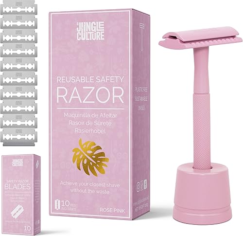 JUNGLE CULTURE Maquinilla de afeitar y soporte rosa  Maquinilla de afeitar reutilizable con 10 cuchillas de afeitar de doble filo  Maquinillas de