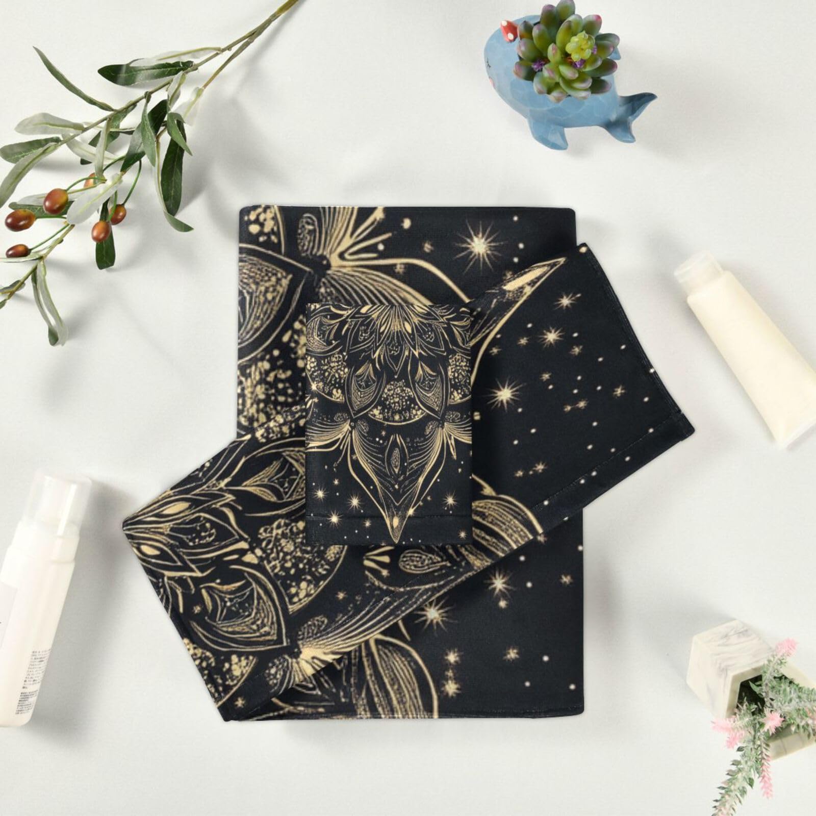 Schwarz-goldenes Mandala-Gesichtshandtuch-Set, schnelltrocknend, 3-teilig, 1 Badetuch, 1 Handtuch, 1 Waschlappen für Zuhause, Küche, Familie