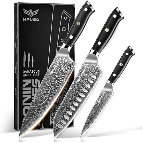 Damascus Knife Set - Haugo 3 PCS Professional Chef Knife Set with Japanese VG10 Steel Core - Ultra Sharp Kitchen Knives and Full Tang G10 Handle - Ronin Series - Gift Box