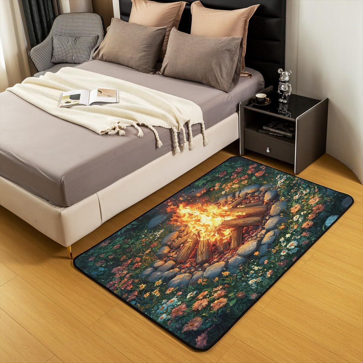 Campfire Area Rug 3'x5',Happy Camping Decor Non Shedding Rug for Kids Teen Adults,Tree Stump Woodland Campsite Decorative Carpet for Playroom Bedroom Dining Room,Camping Adventure