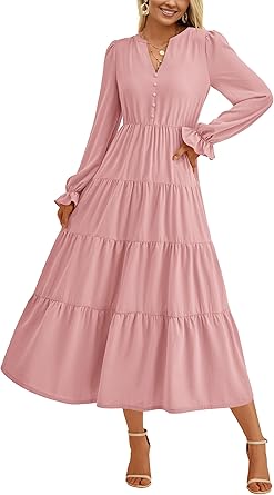 PRETTYGARDEN Long Sleeve Dress for Women 2025 Fall V Neck Tiered Aline Spring Elegant Modest Flowy Wedding Guest Maxi Dresses
