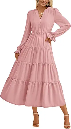 PRETTYGARDEN Long Sleeve Dress for Women 2025 Fall V Neck Tiered Aline Spring Elegant Modest Flowy Wedding Guest Maxi Dresses