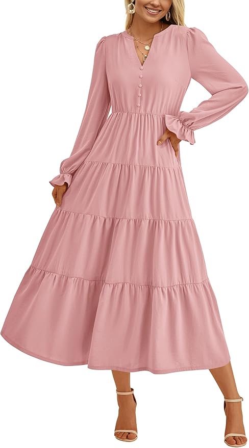 PRETTYGARDEN Long Sleeve Dress for Women 2025 Fall V Neck Tiered Aline Spring Elegant Modest Flowy Wedding Guest Maxi Dresses