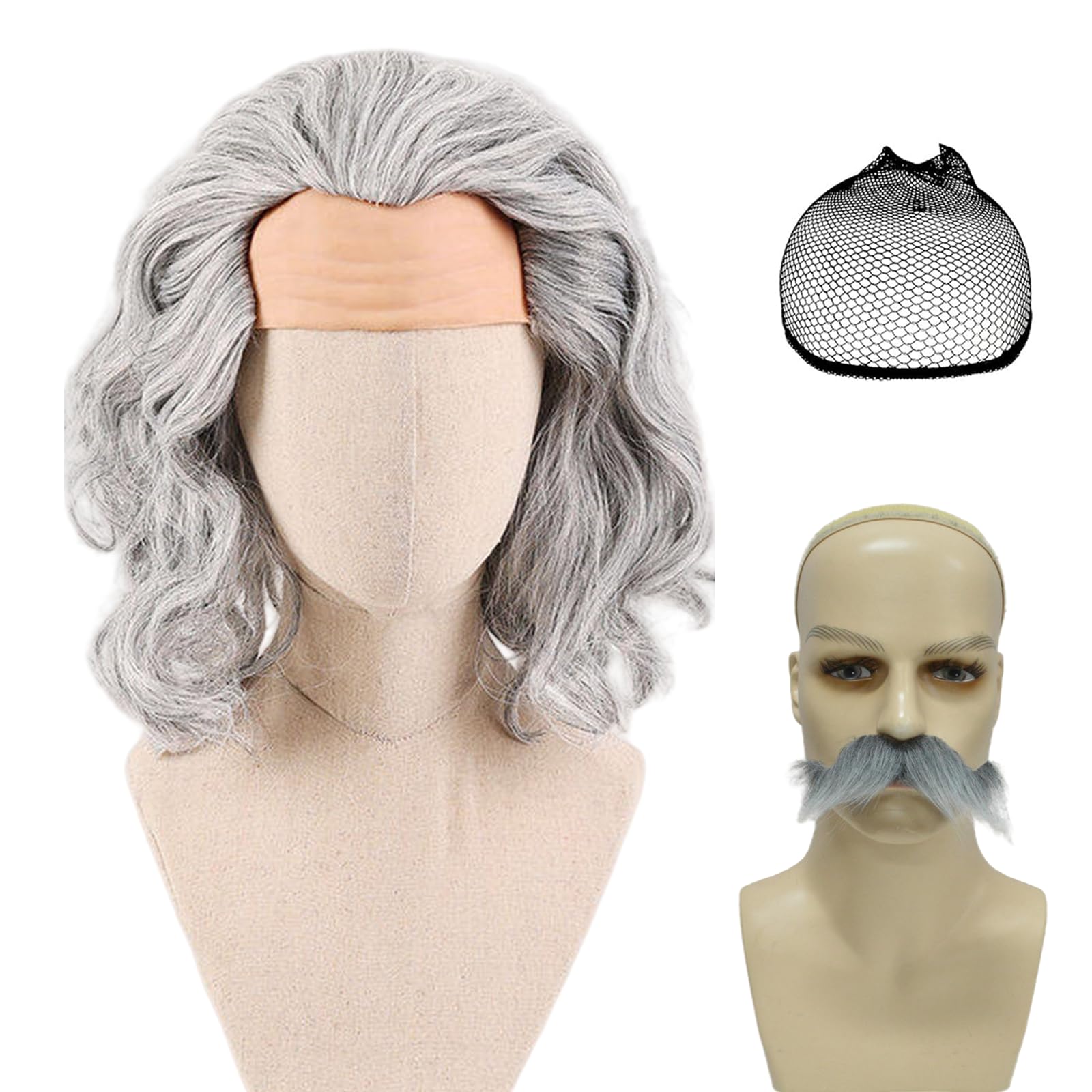2Pcs Grey Curly Wig for Men Bald Forehead Costume Wig with Gray White Beard Wig Cap Men's Cosplay Synthetic Layered Hair Man Wigs for Costumes Cosplay Halloween Carnival Parties Anime