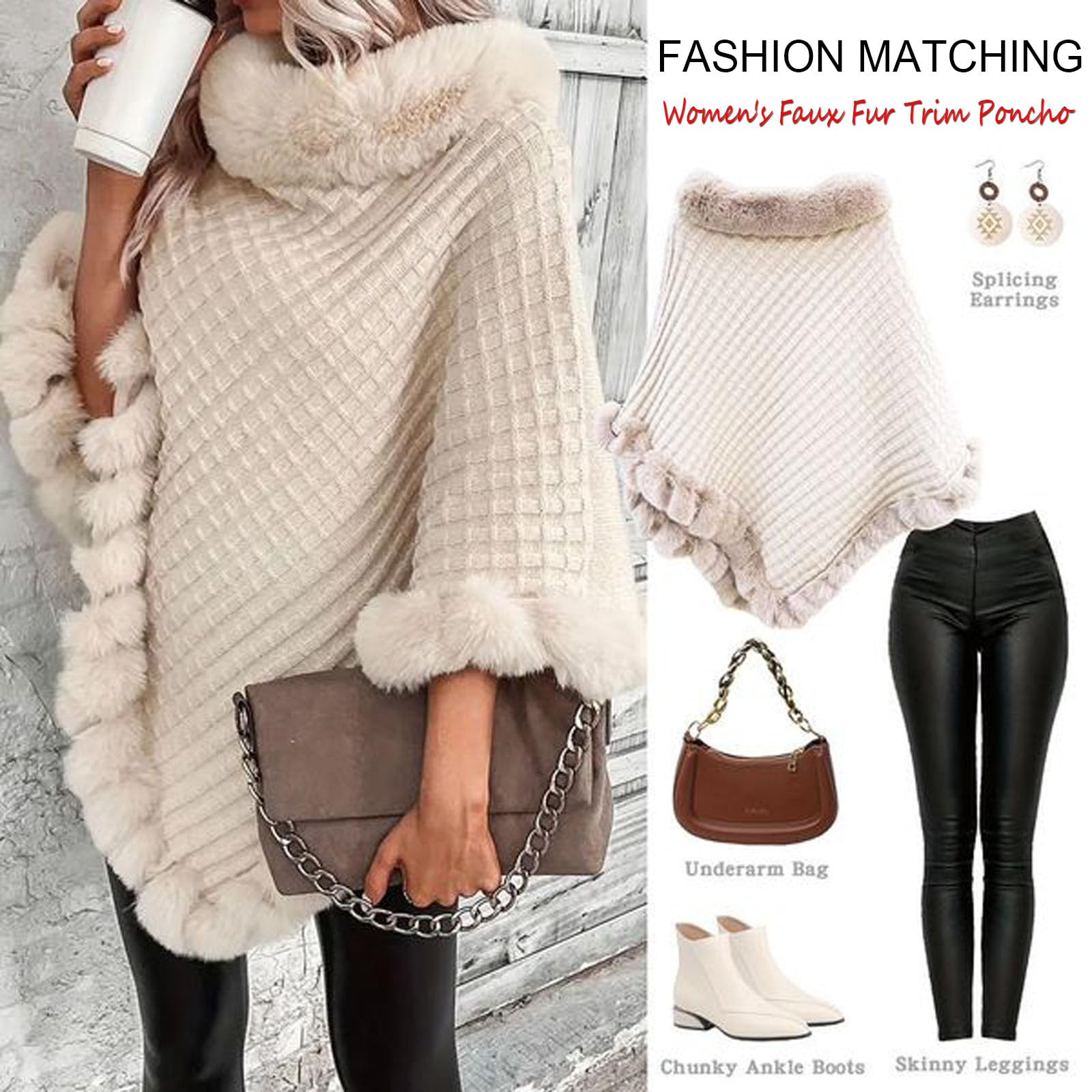 Poncho mit Kunstfellbesatz, eleganter Cape-Mantel mit Kunstfellkragen und Besatz, Winter, warm, gestrickt, Stola, Schal für Damen