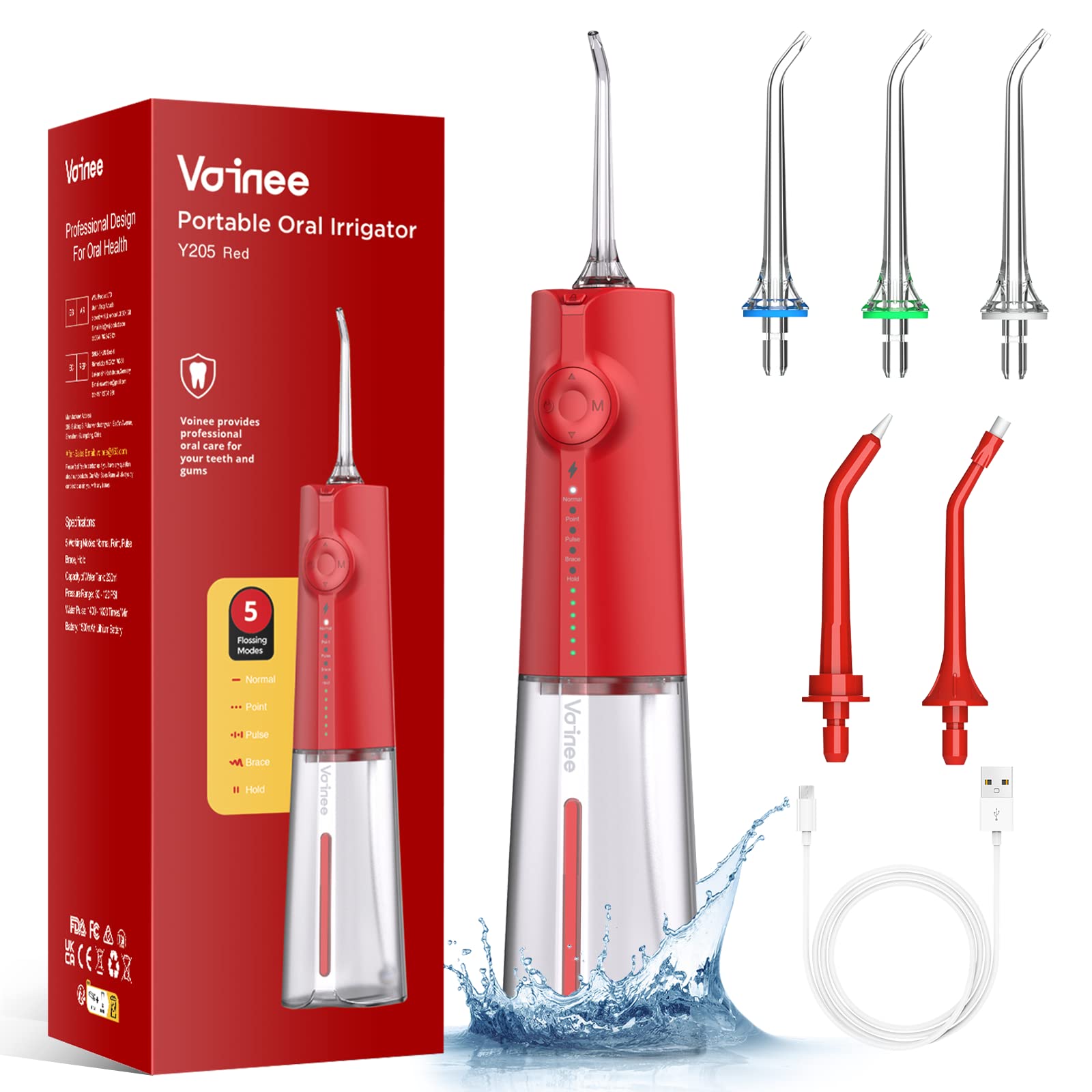 Voinee CareWater Dental Flosser Cordless for Teeth 5 Modes 6 Levels Teeth Cleaner Professional 300ml Tank IPX7 Waterproof and 5 Jet Tips USB Rechargeable Oral Irrigator (Red, Medium)