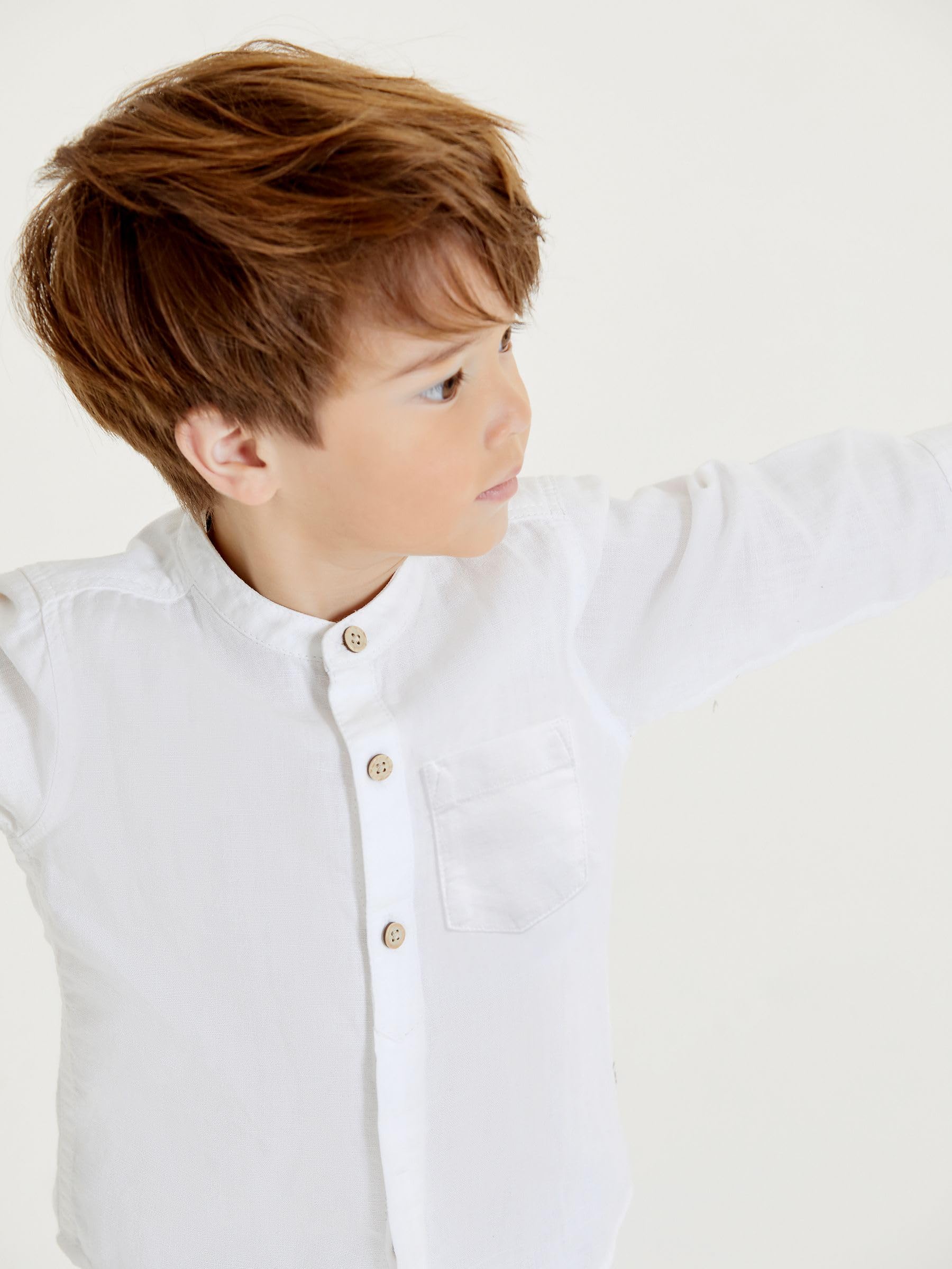 NEXT Garçon Chemise en Lin mélangé à col Tunisien Blanc 3 Ans-4 Ans