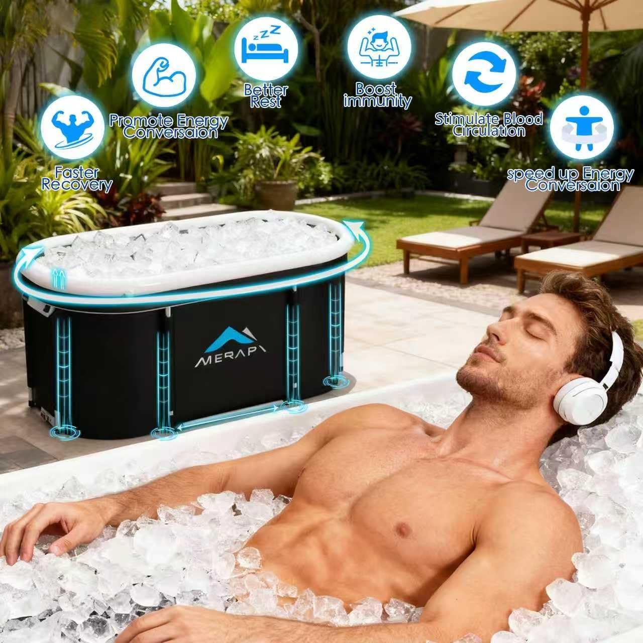 Merapi XL 131 Gal Portable Ice Bath Tub - Large Oval Cold Plunge for Athletes Recovery, Foldable Ice Bath Tub for Muscle Recovery, Home Gym, Outdoor Cold Therapy with Fast Drainage & Neck Cushion